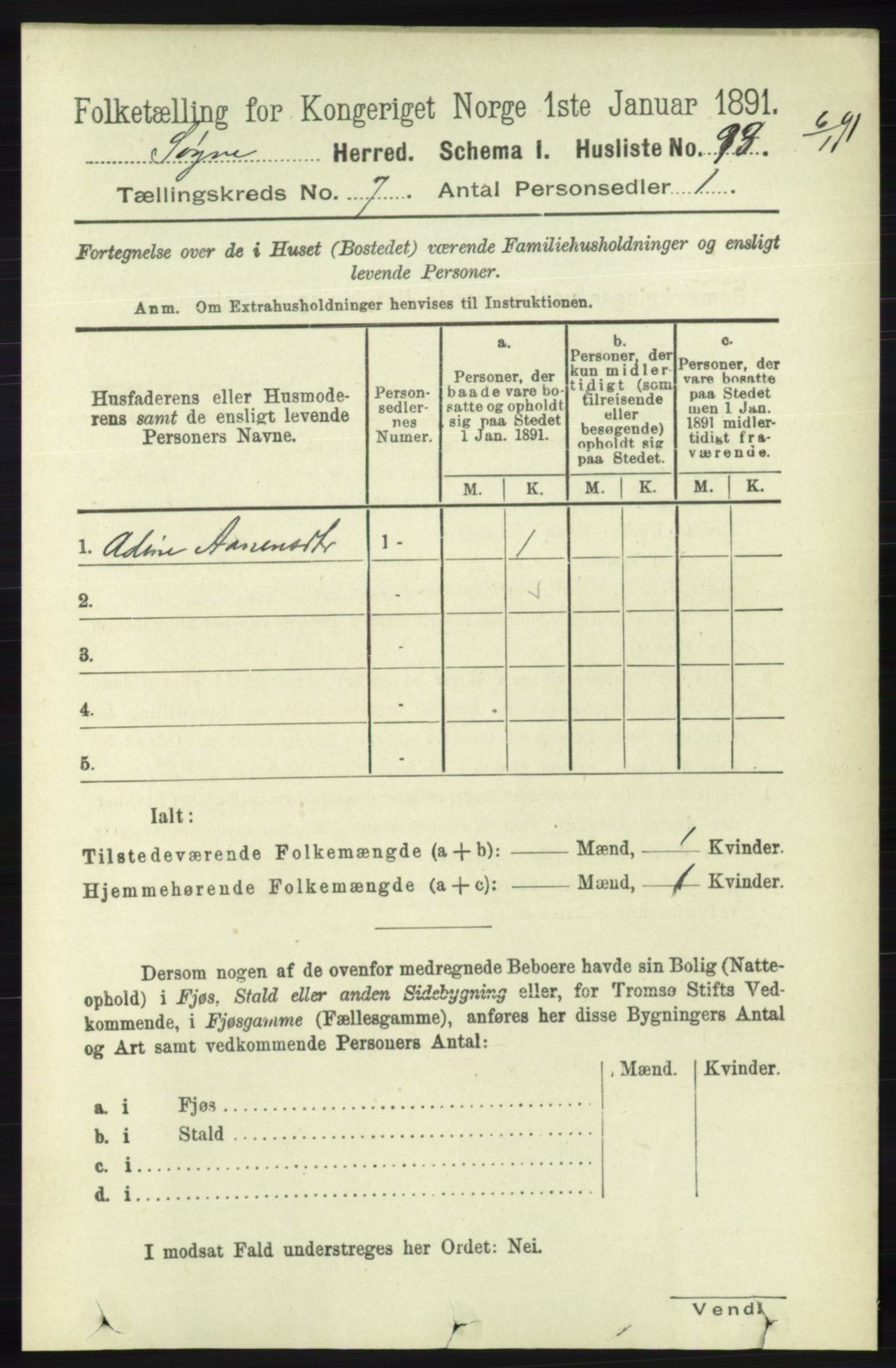 RA, 1891 census for 1018 Søgne, 1891, p. 1516