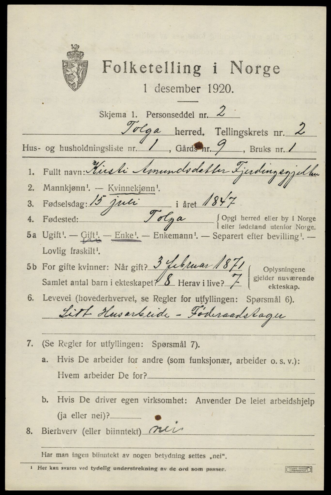 SAH, 1920 census for Tolga, 1920, p. 1669