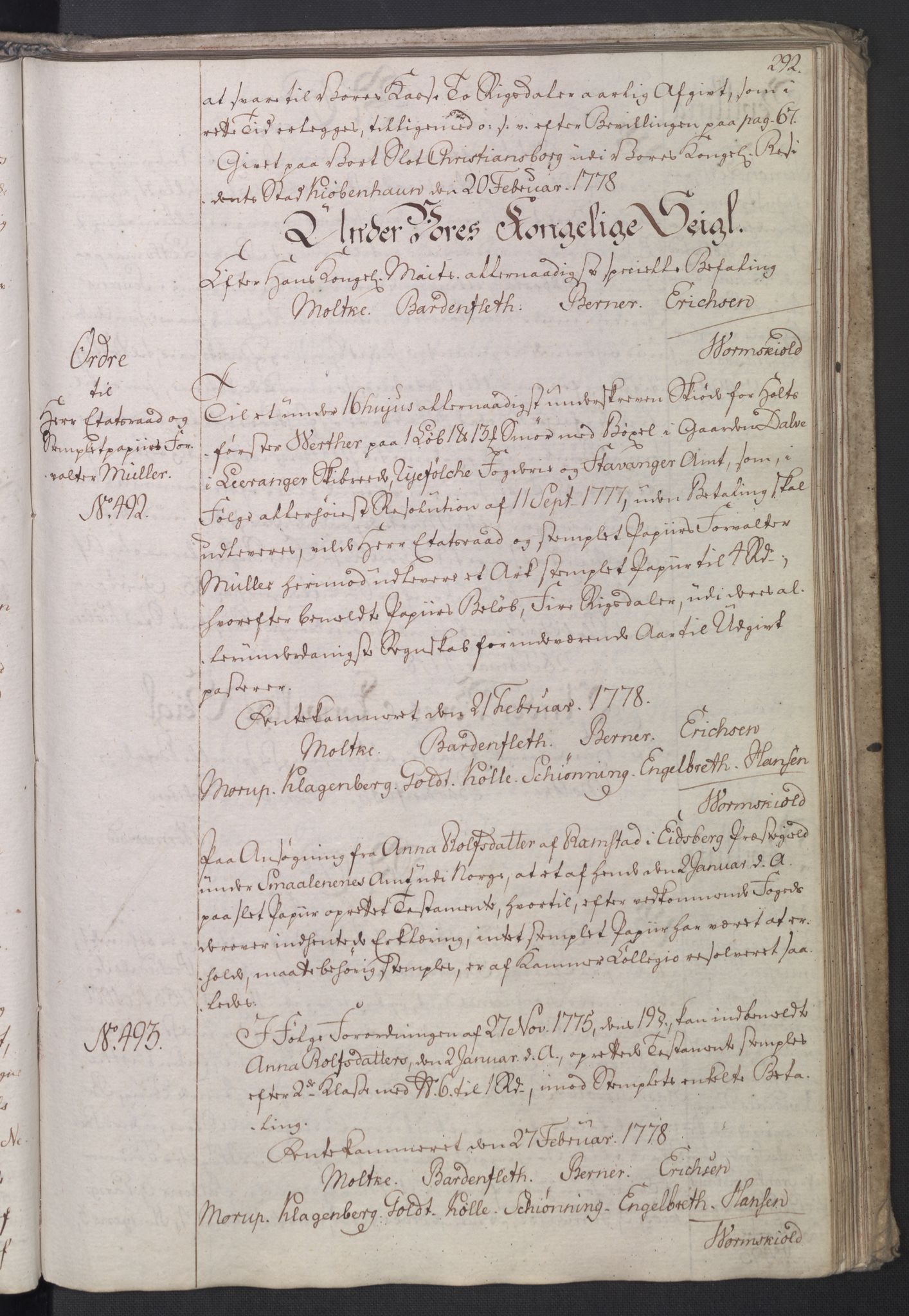 Rentekammeret, Kammerkanselliet, AV/RA-EA-3111/G/Gg/Gga/L0010: Norsk ekspedisjonsprotokoll med register (merket RK 53.10), 1773-1778, p. 292