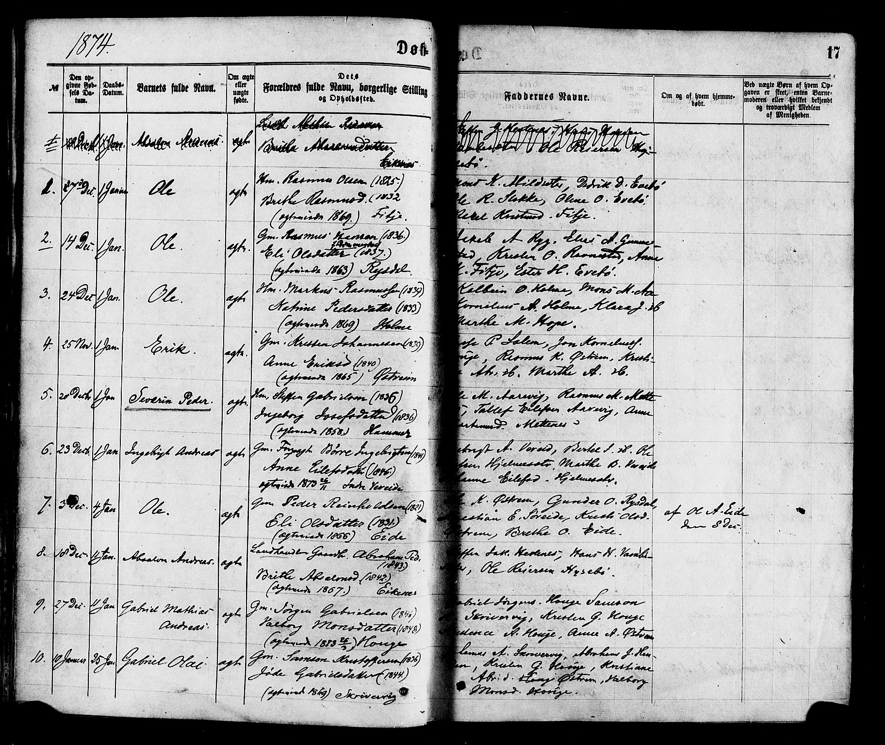 Gloppen sokneprestembete, AV/SAB-A-80101/H/Haa/Haaa/L0010: Parish register (official) no. A 10, 1871-1884, p. 17