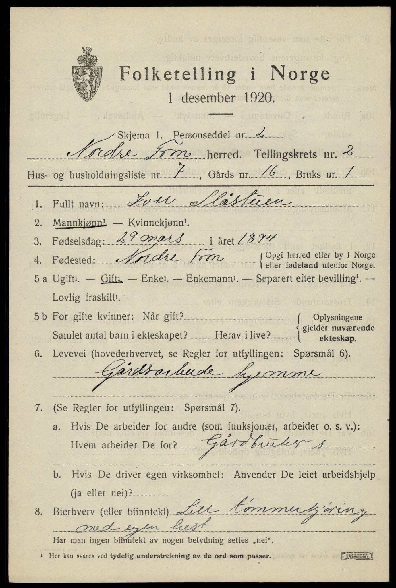 SAH, 1920 census for Nord-Fron, 1920, p. 2724