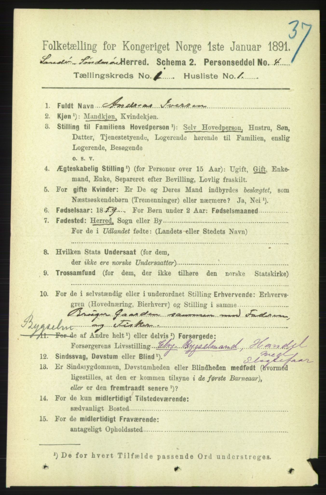 RA, 1891 census for 1514 Sande, 1891, p. 58