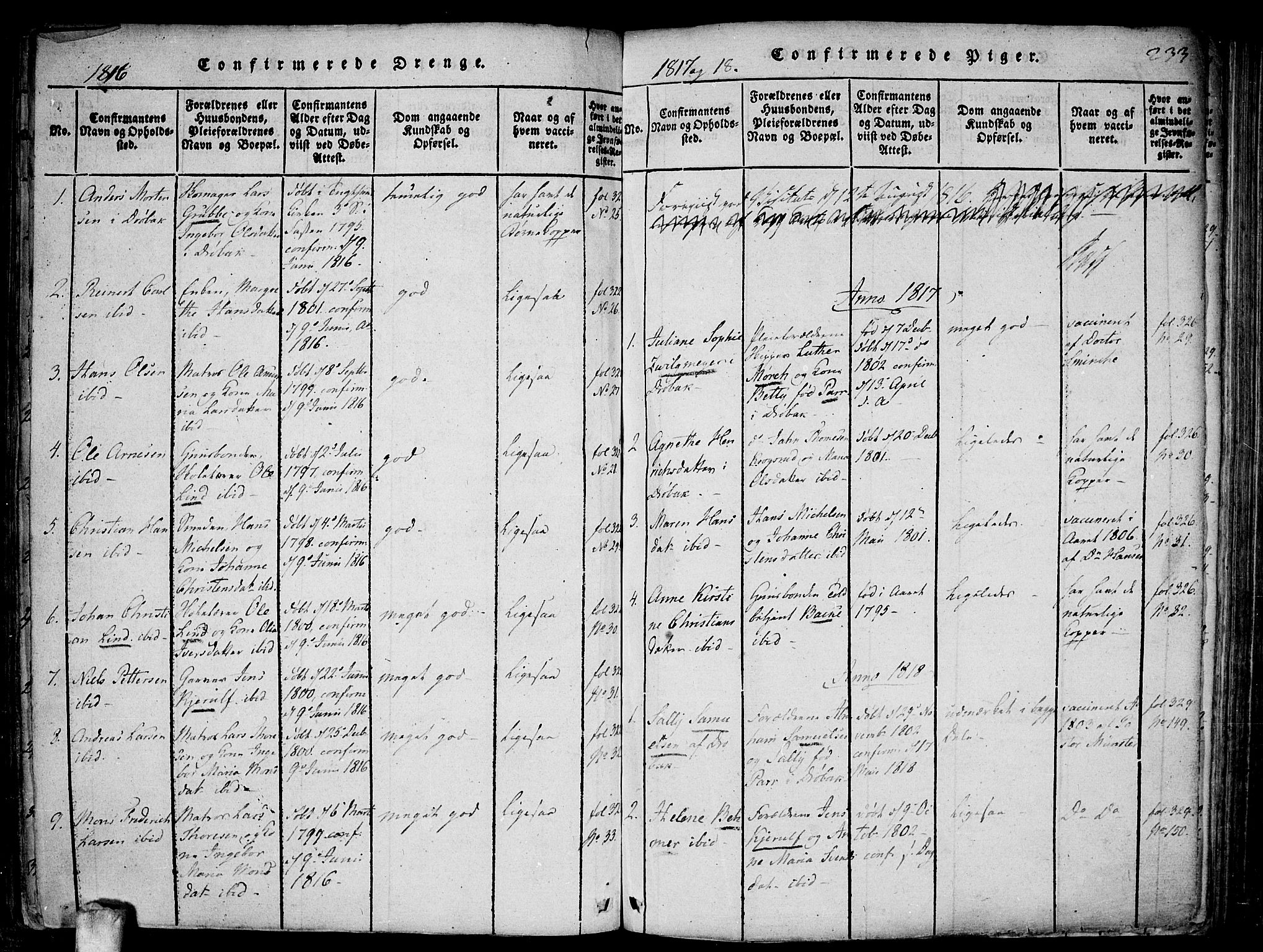 Drøbak prestekontor Kirkebøker, AV/SAO-A-10142a/F/Fa/L0001: Parish register (official) no. I 1, 1816-1842, p. 233