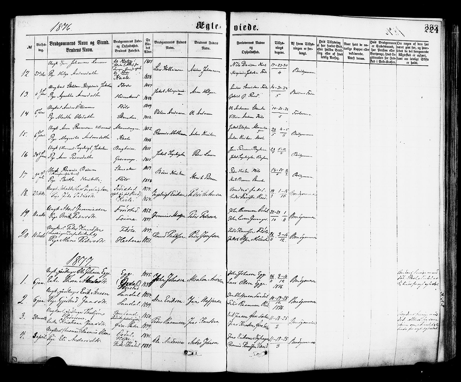 Gloppen sokneprestembete, SAB/A-80101/H/Haa/Haac/L0001: Parish register (official) no. C 1, 1871-1886, p. 224