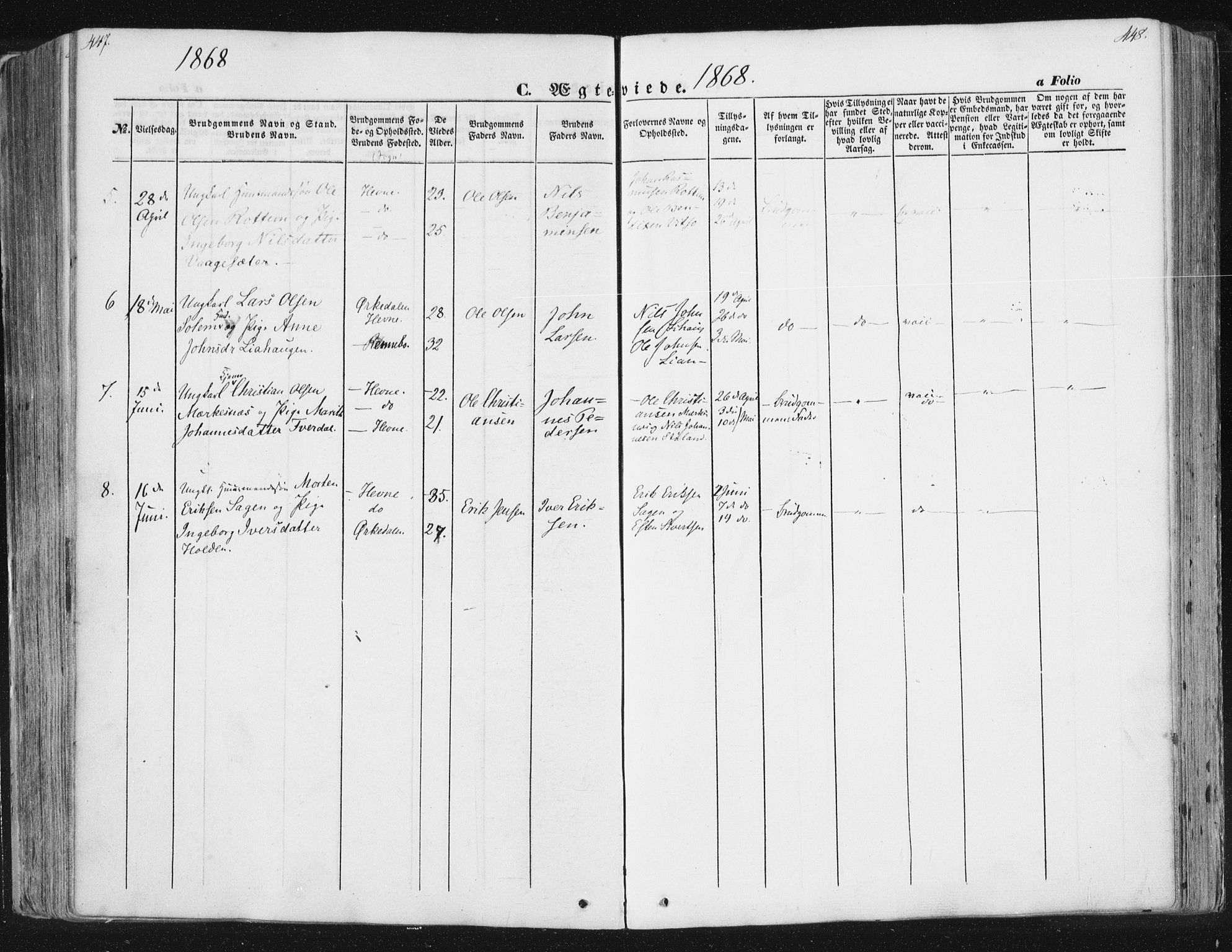 Ministerialprotokoller, klokkerbøker og fødselsregistre - Sør-Trøndelag, AV/SAT-A-1456/630/L0494: Parish register (official) no. 630A07, 1852-1868, p. 447-448