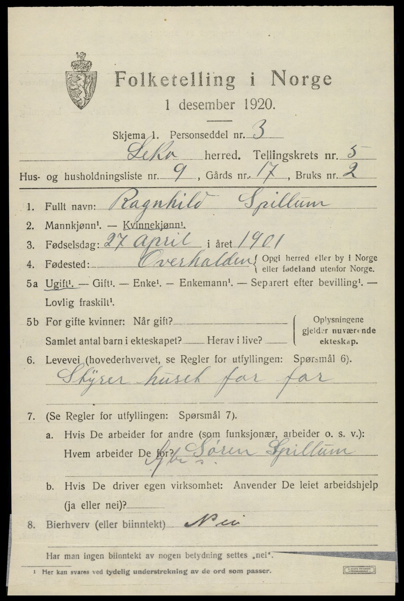 SAT, 1920 census for Leka, 1920, p. 2193