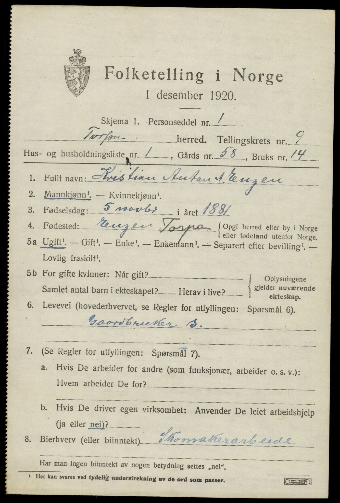 SAH, 1920 census for Torpa, 1920, p. 5231