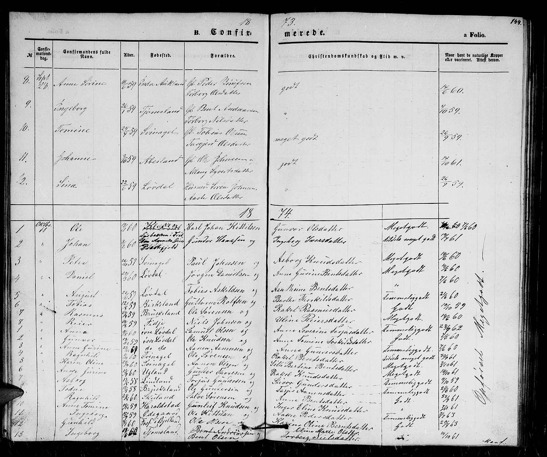 Holum sokneprestkontor, SAK/1111-0022/F/Fb/Fbb/L0002: Parish register (copy) no. B 2, 1847-1874, p. 144