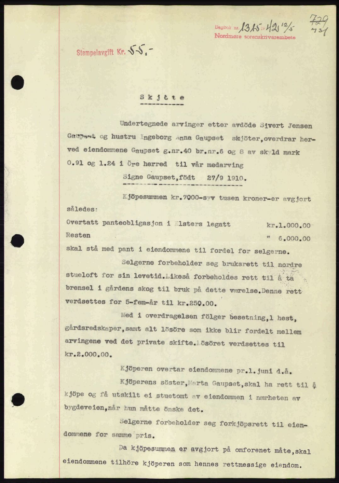 Nordmøre sorenskriveri, AV/SAT-A-4132/1/2/2Ca: Mortgage book no. A92, 1942-1942, Diary no: : 1315/1942