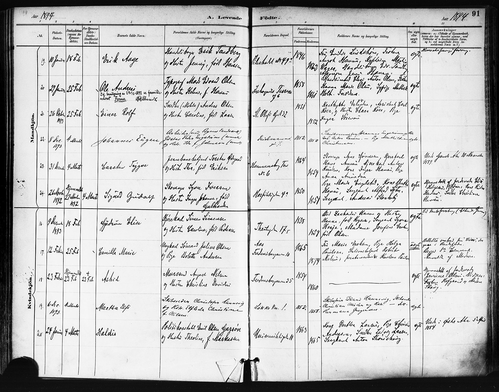 Trefoldighet prestekontor Kirkebøker, AV/SAO-A-10882/F/Fa/L0006: Parish register (official) no. I 6, 1891-1899, p. 91