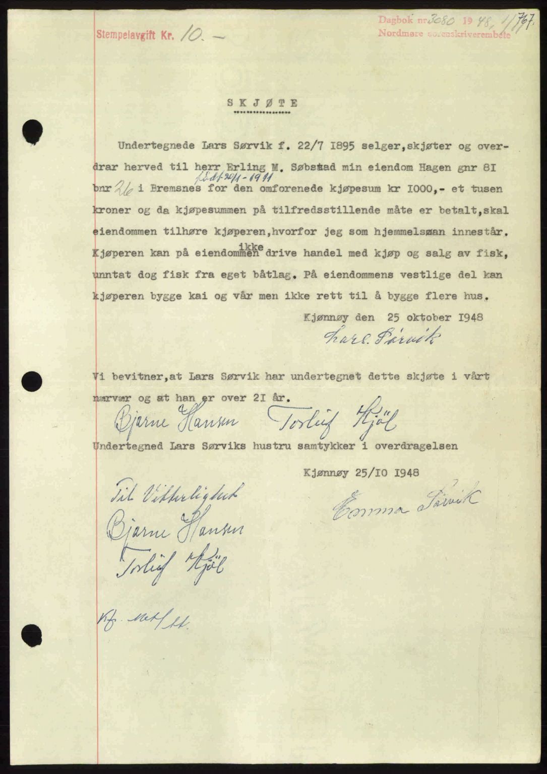 Nordmøre sorenskriveri, AV/SAT-A-4132/1/2/2Ca: Mortgage book no. A109, 1948-1948, Diary no: : 3080/1948