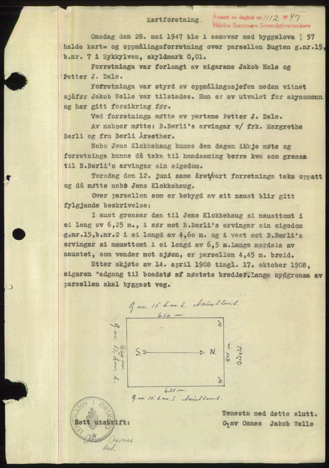 Nordre Sunnmøre sorenskriveri, AV/SAT-A-0006/1/2/2C/2Ca: Mortgage book no. A24, 1947-1947, Diary no: : 1112/1947