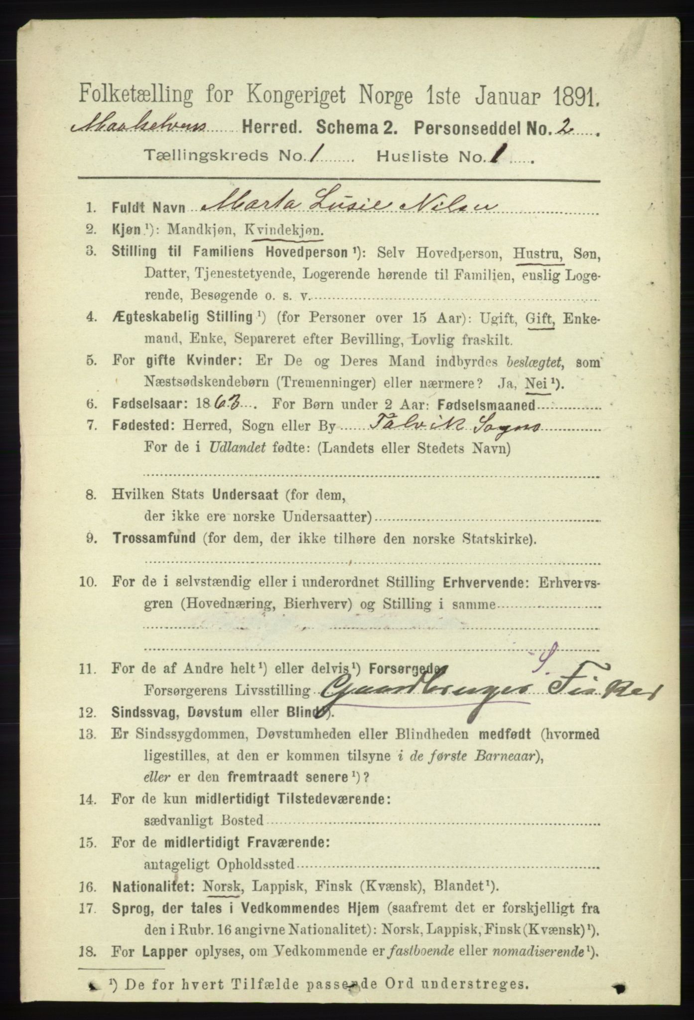 RA, 1891 census for 1924 Målselv, 1891, p. 69