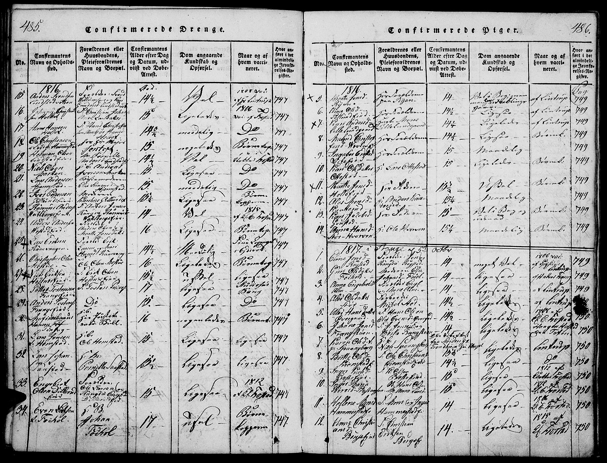 Stange prestekontor, SAH/PREST-002/K/L0008: Parish register (official) no. 8, 1814-1825, p. 485-486
