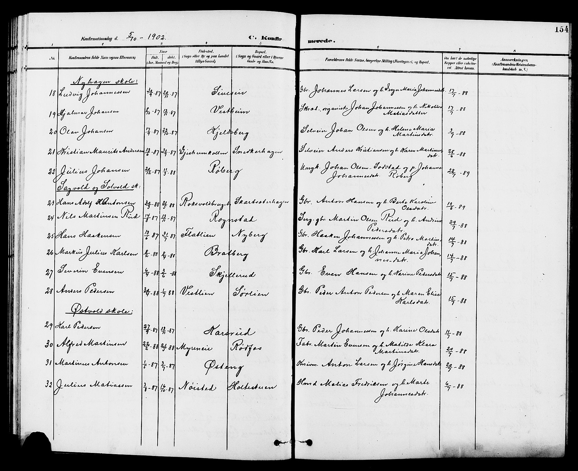 Vestre Toten prestekontor, SAH/PREST-108/H/Ha/Hab/L0010: Parish register (copy) no. 10, 1900-1912, p. 154