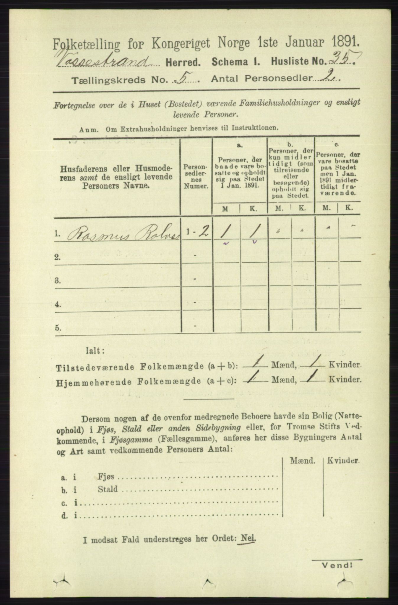 RA, 1891 census for 1236 Vossestrand, 1891, p. 1885