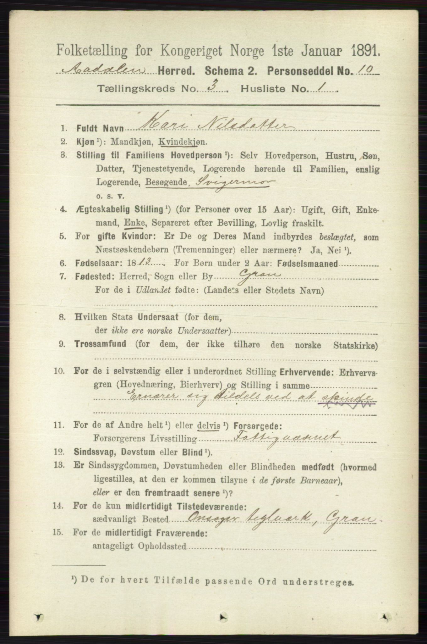 RA, 1891 census for 0614 Ådal, 1891, p. 1037