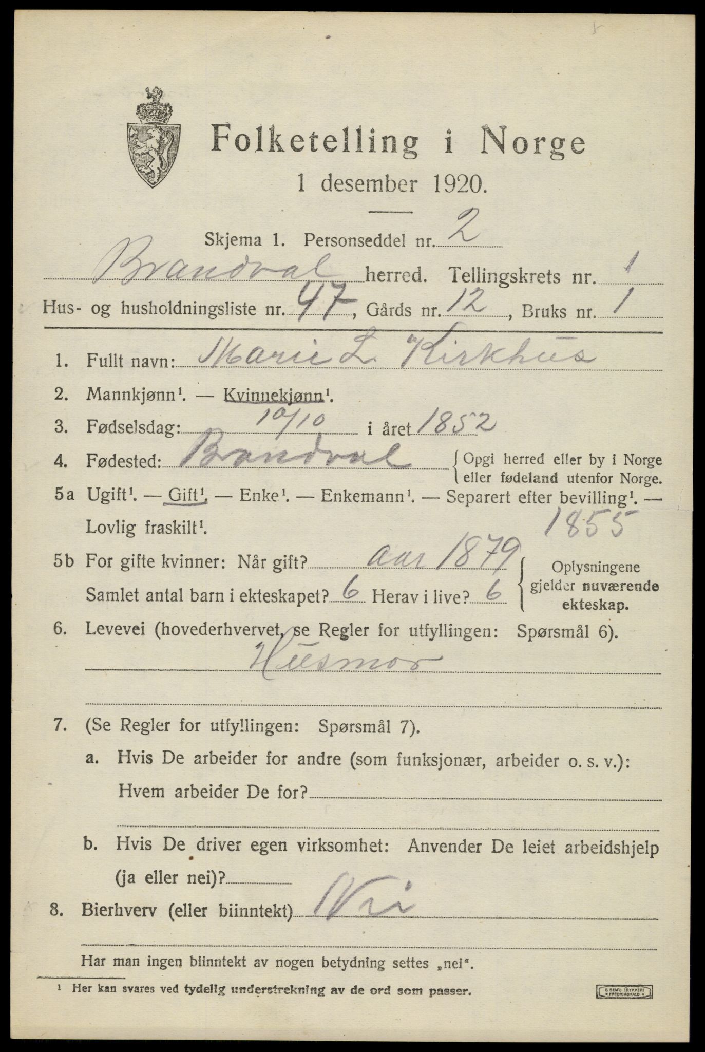 SAH, 1920 census for Brandval, 1920, p. 2122