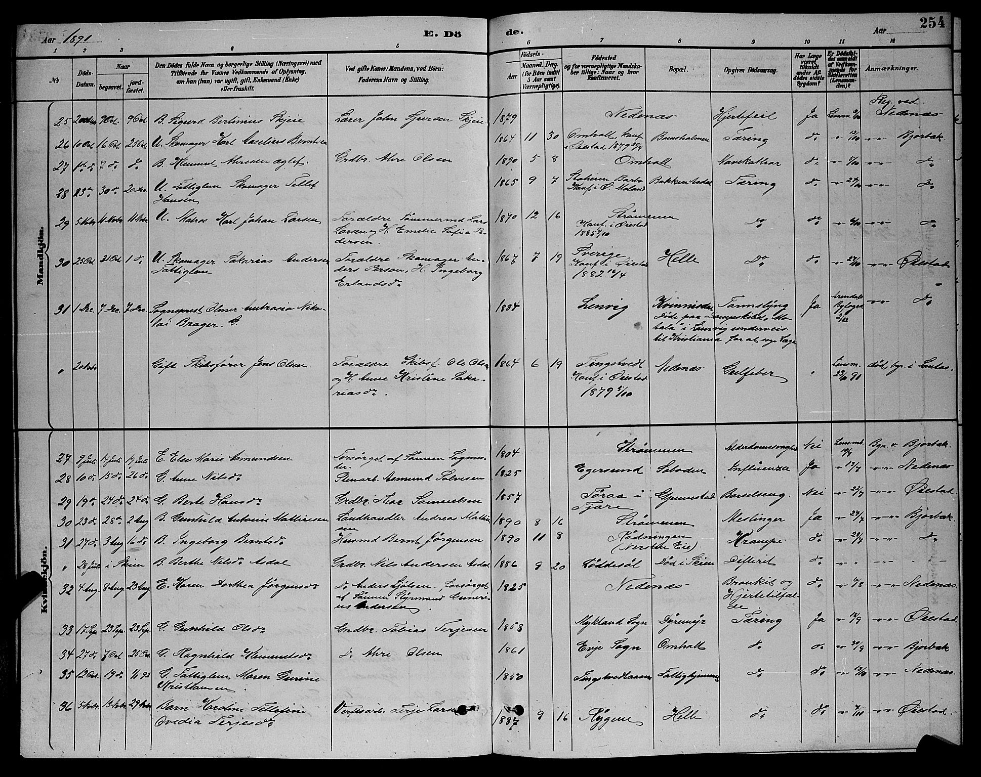 Øyestad sokneprestkontor, AV/SAK-1111-0049/F/Fb/L0009: Parish register (copy) no. B 9, 1886-1896, p. 254