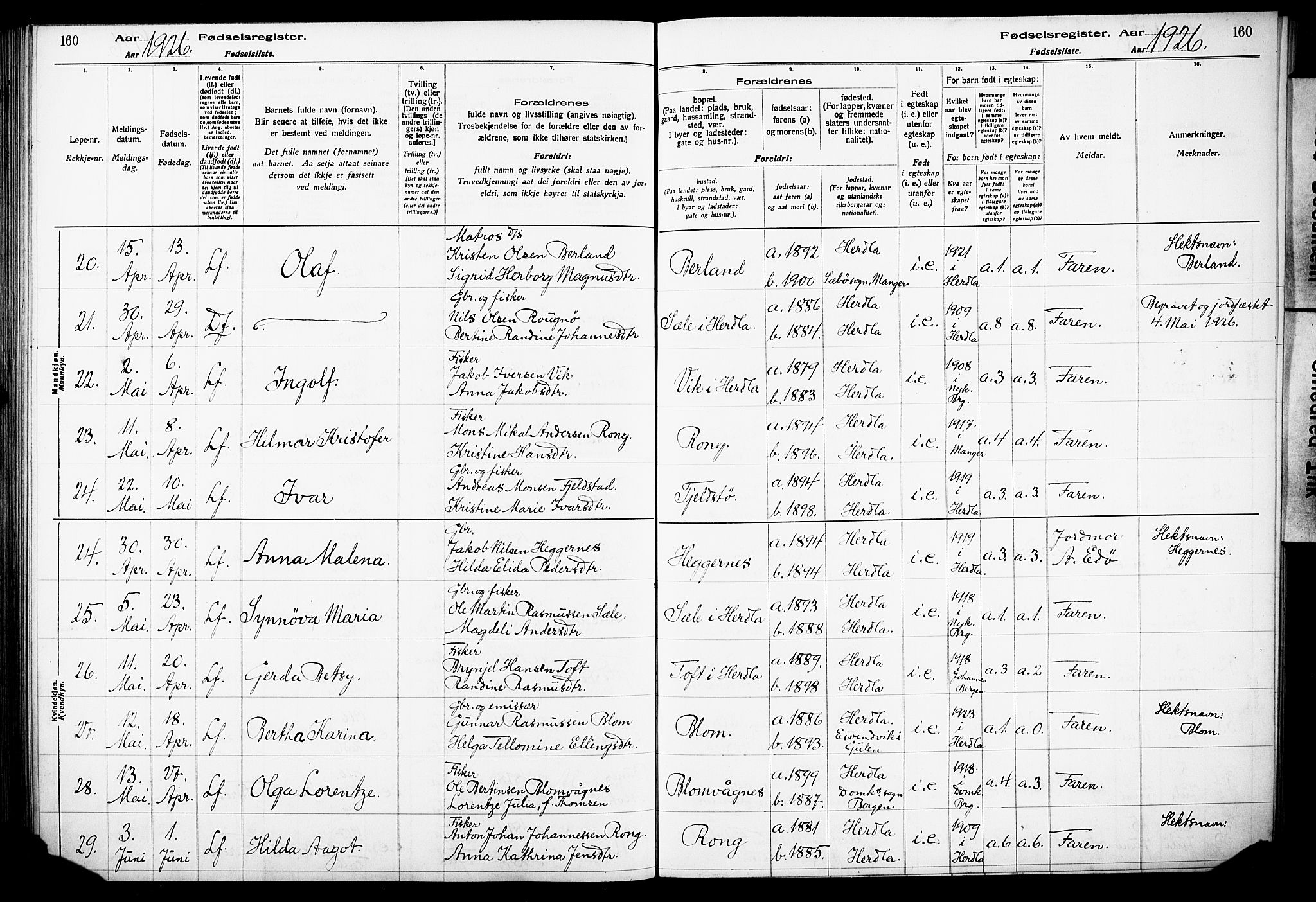 Herdla Sokneprestembete, AV/SAB-A-75701/I/Id/L00A1: Birth register no. A 1, 1916-1929, p. 160