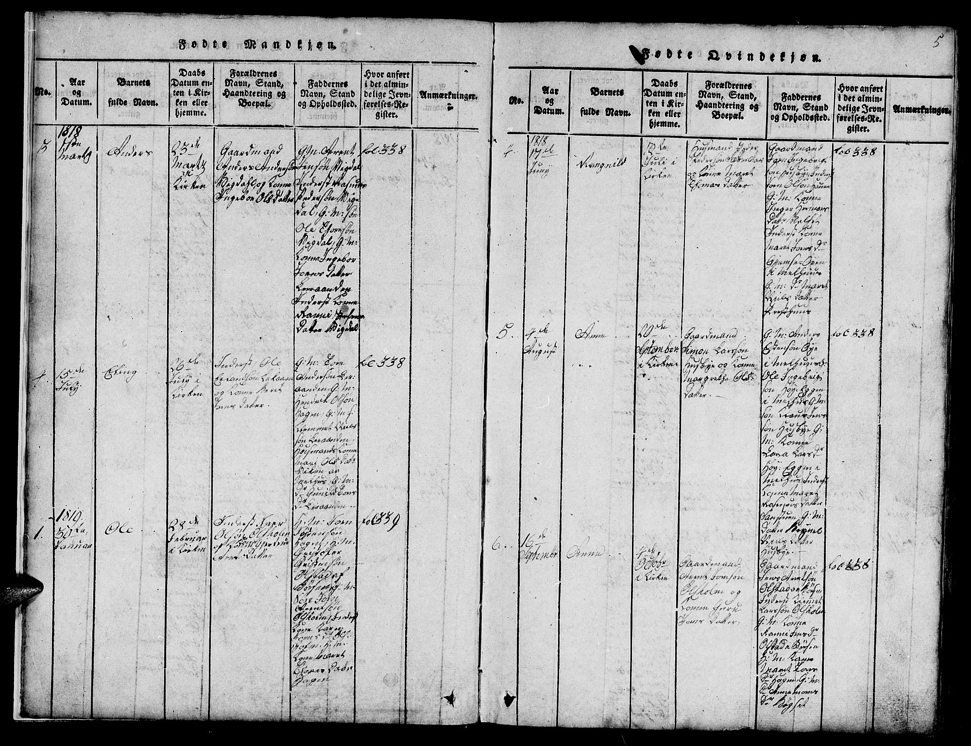 Ministerialprotokoller, klokkerbøker og fødselsregistre - Sør-Trøndelag, AV/SAT-A-1456/666/L0788: Parish register (copy) no. 666C01, 1816-1847, p. 5