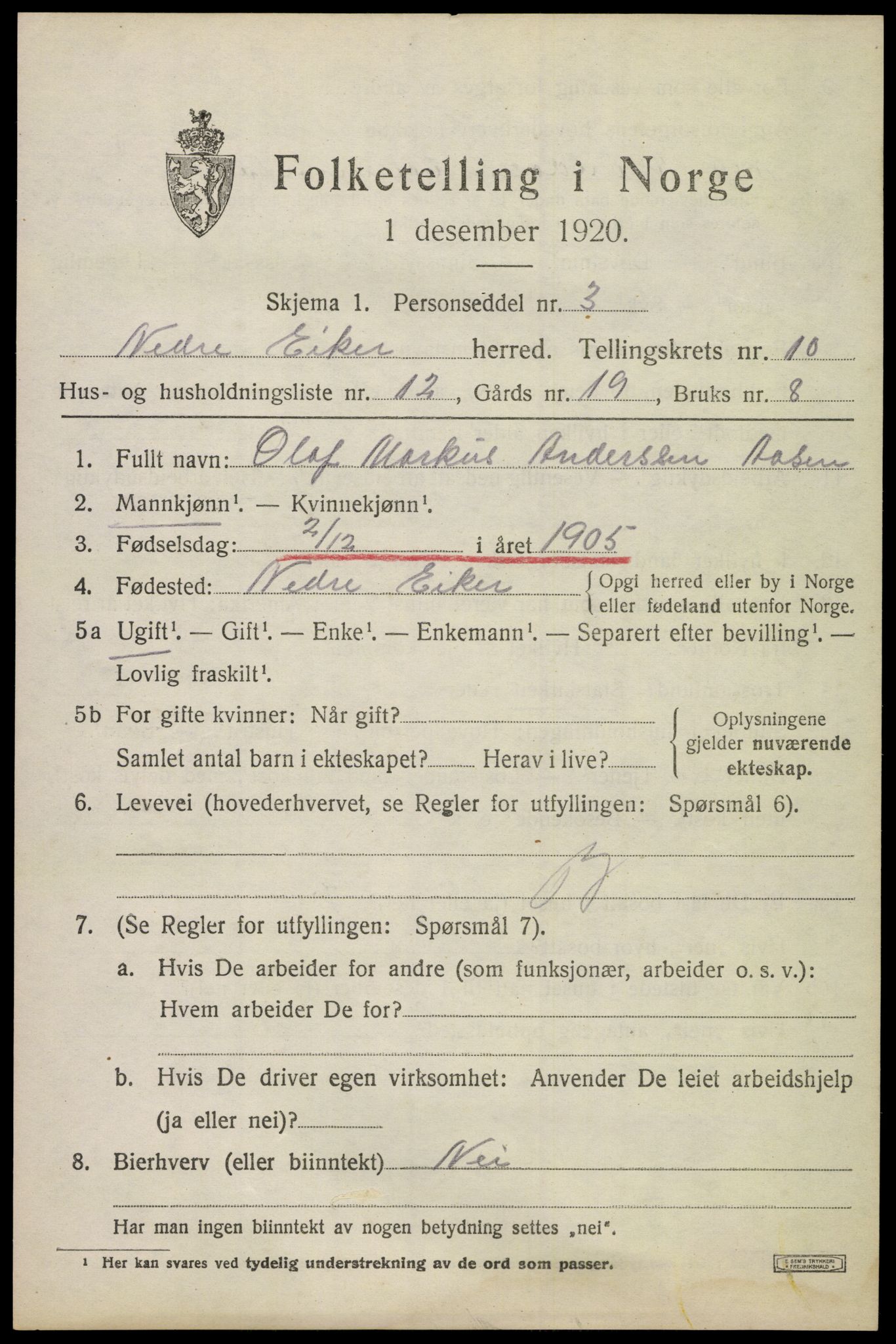 SAKO, 1920 census for Nedre Eiker, 1920, p. 10029