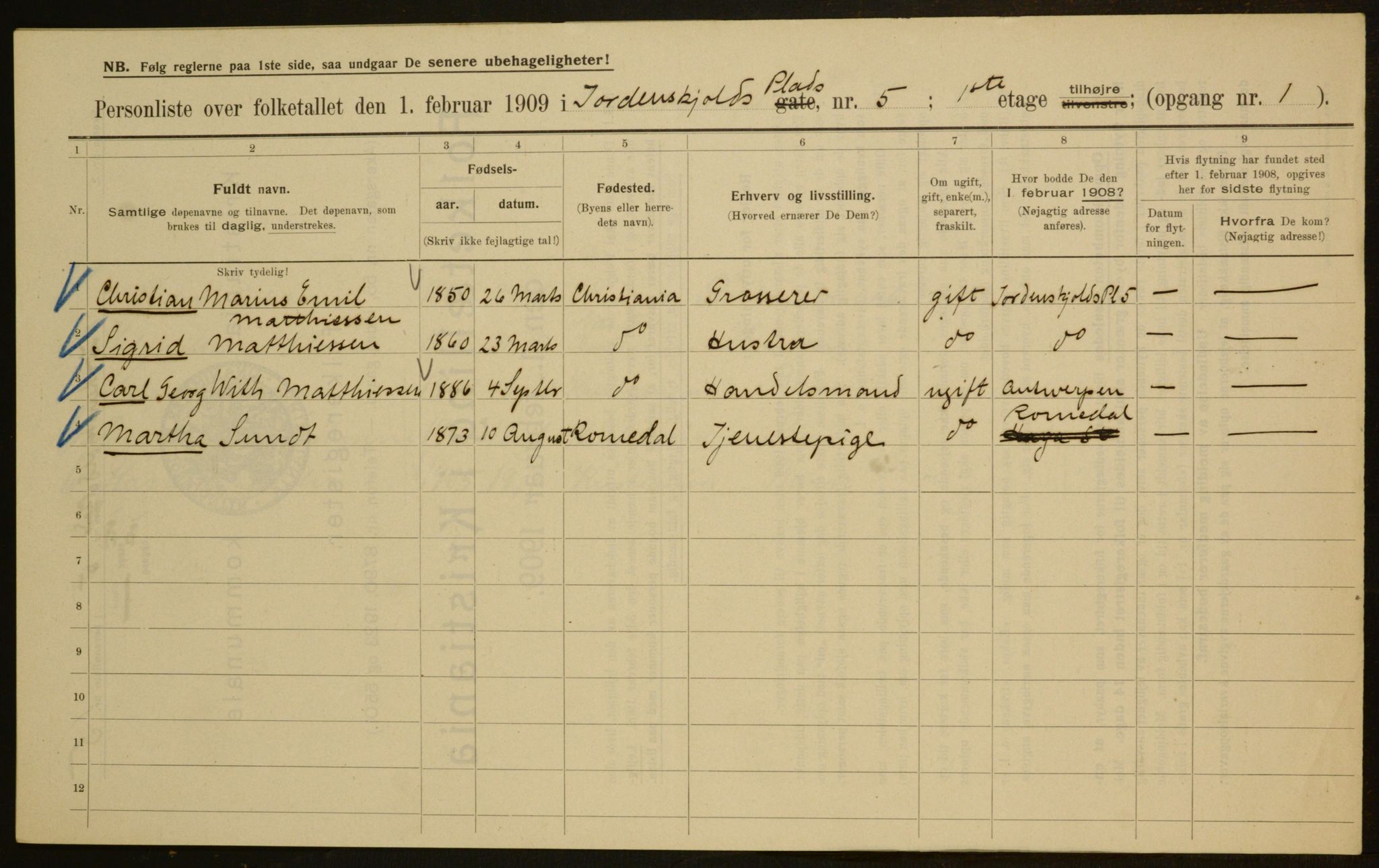 OBA, Municipal Census 1909 for Kristiania, 1909, p. 103300