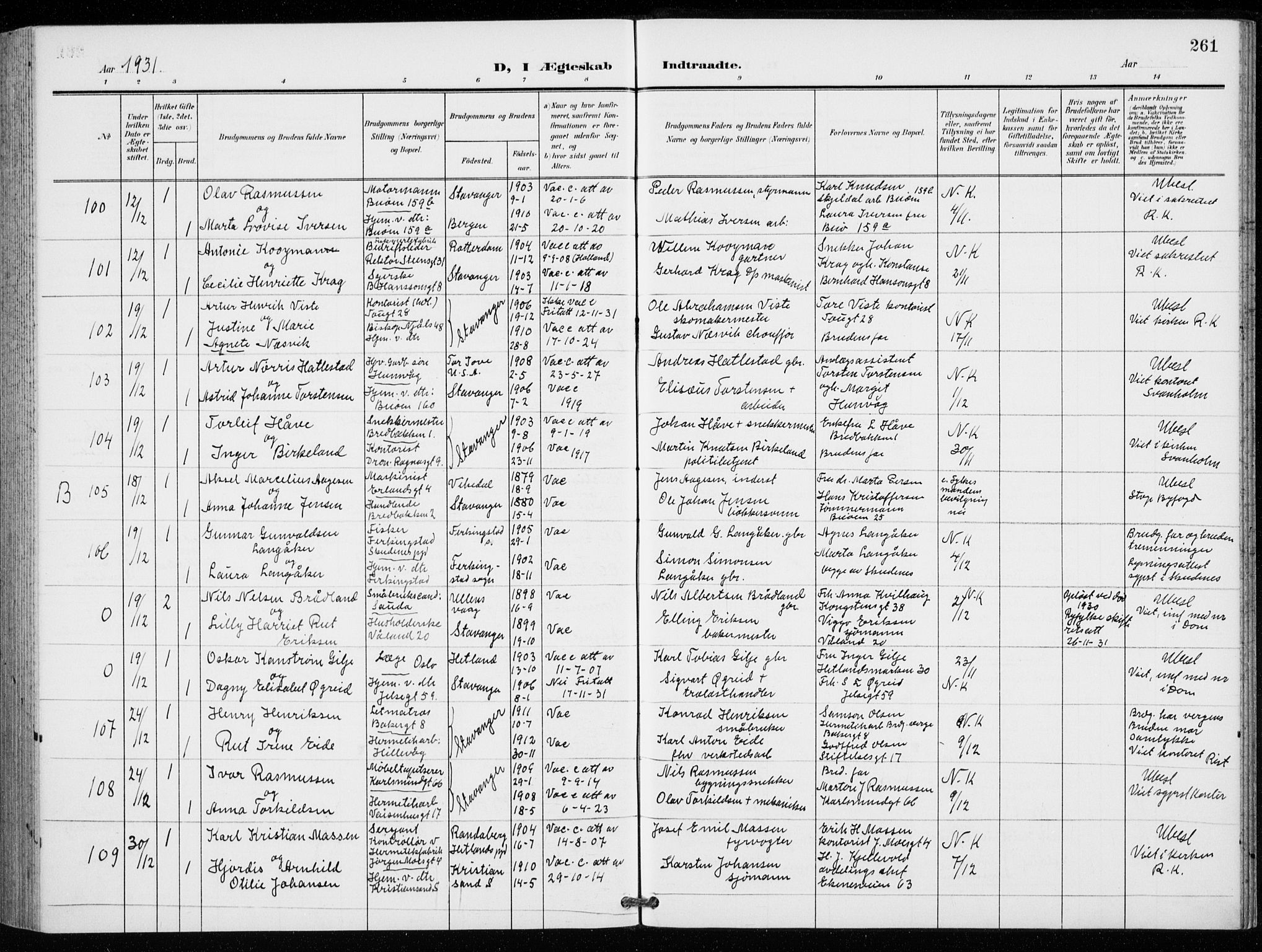 St. Petri sokneprestkontor, AV/SAST-A-101813/001/30/30BB/L0009: Parish register (copy) no. B 9, 1902-1935, p. 261