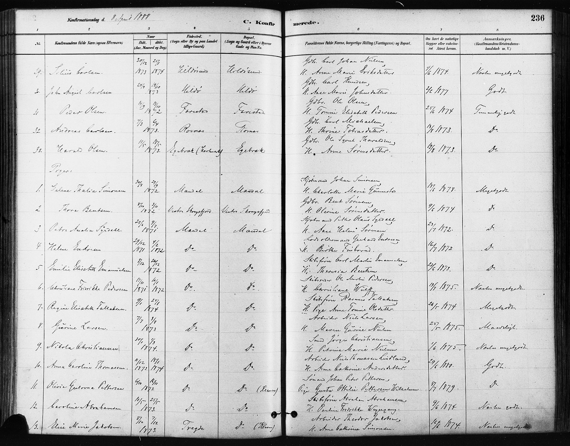 Mandal sokneprestkontor, SAK/1111-0030/F/Fa/Faa/L0016: Parish register (official) no. A 16, 1880-1890, p. 236