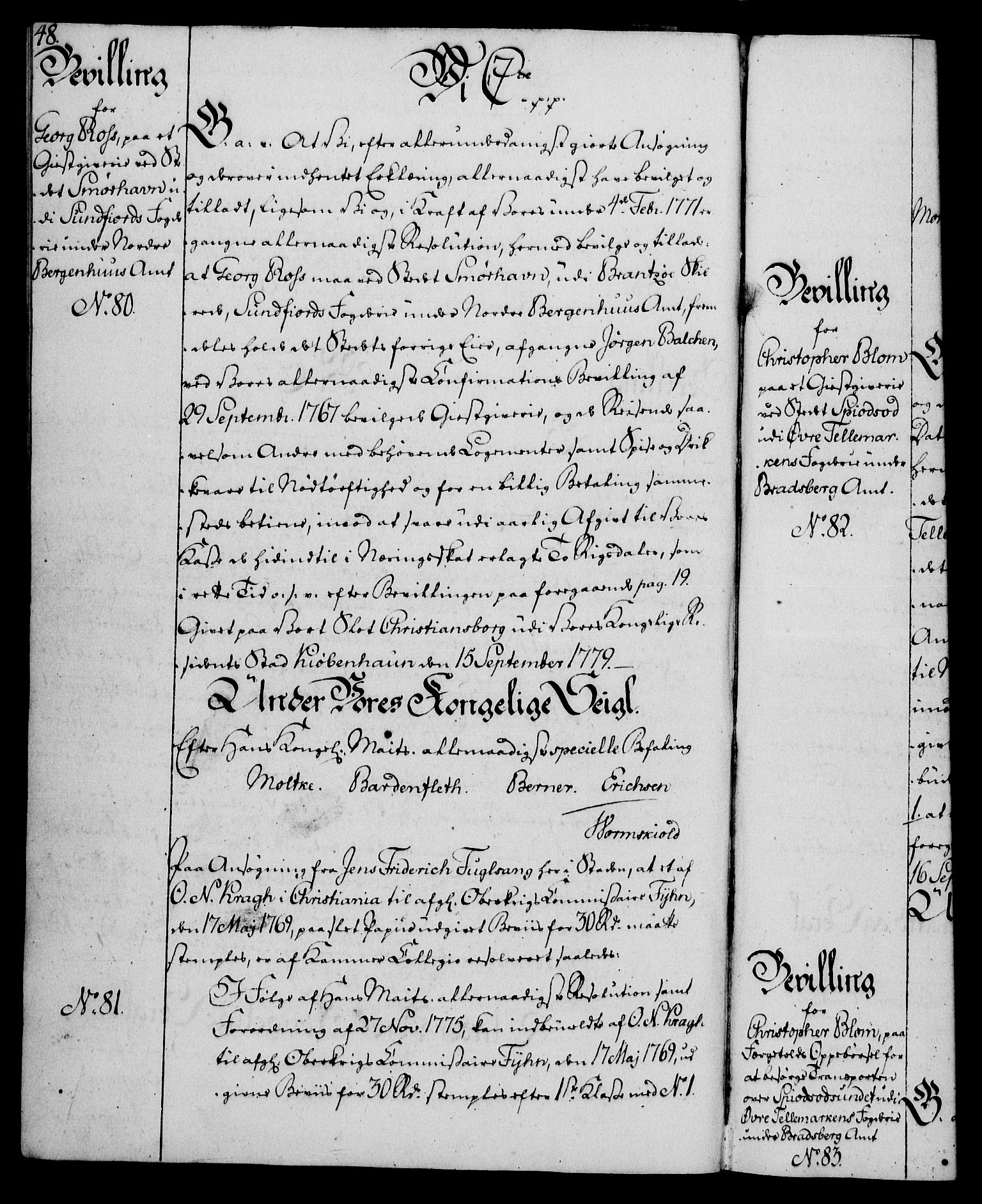 Rentekammeret, Kammerkanselliet, AV/RA-EA-3111/G/Gg/Gga/L0011: Norsk ekspedisjonsprotokoll med register (merket RK 53.11), 1779-1781, p. 48