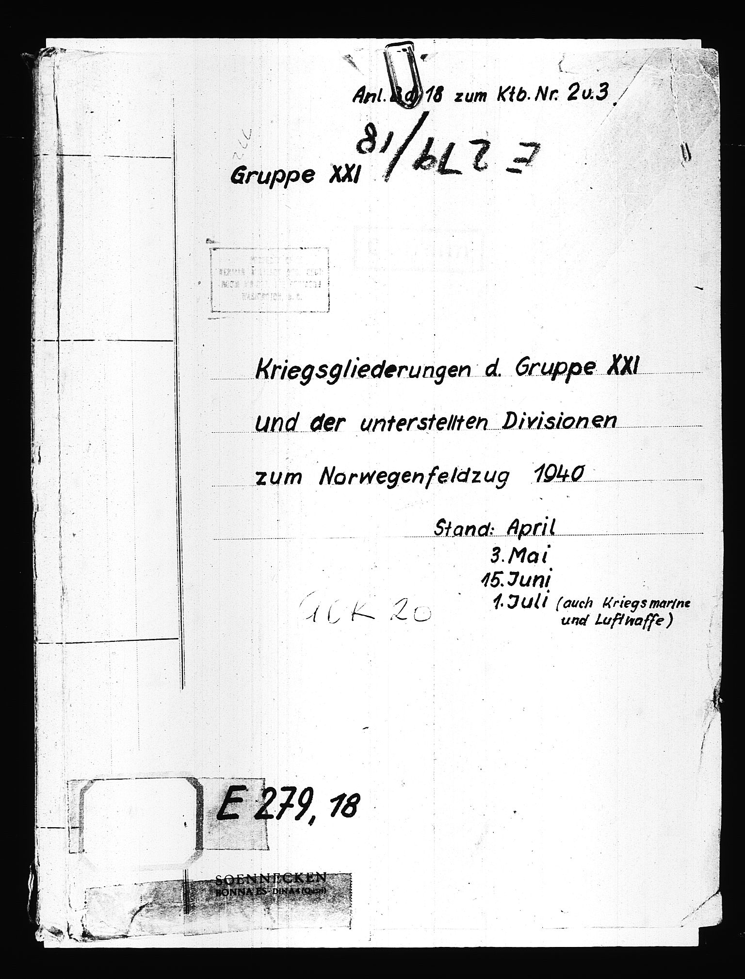 Documents Section, RA/RAFA-2200/V/L0083: Amerikansk mikrofilm "Captured German Documents".
Box No. 722.  FKA jnr. 615/1954., 1940, p. 183