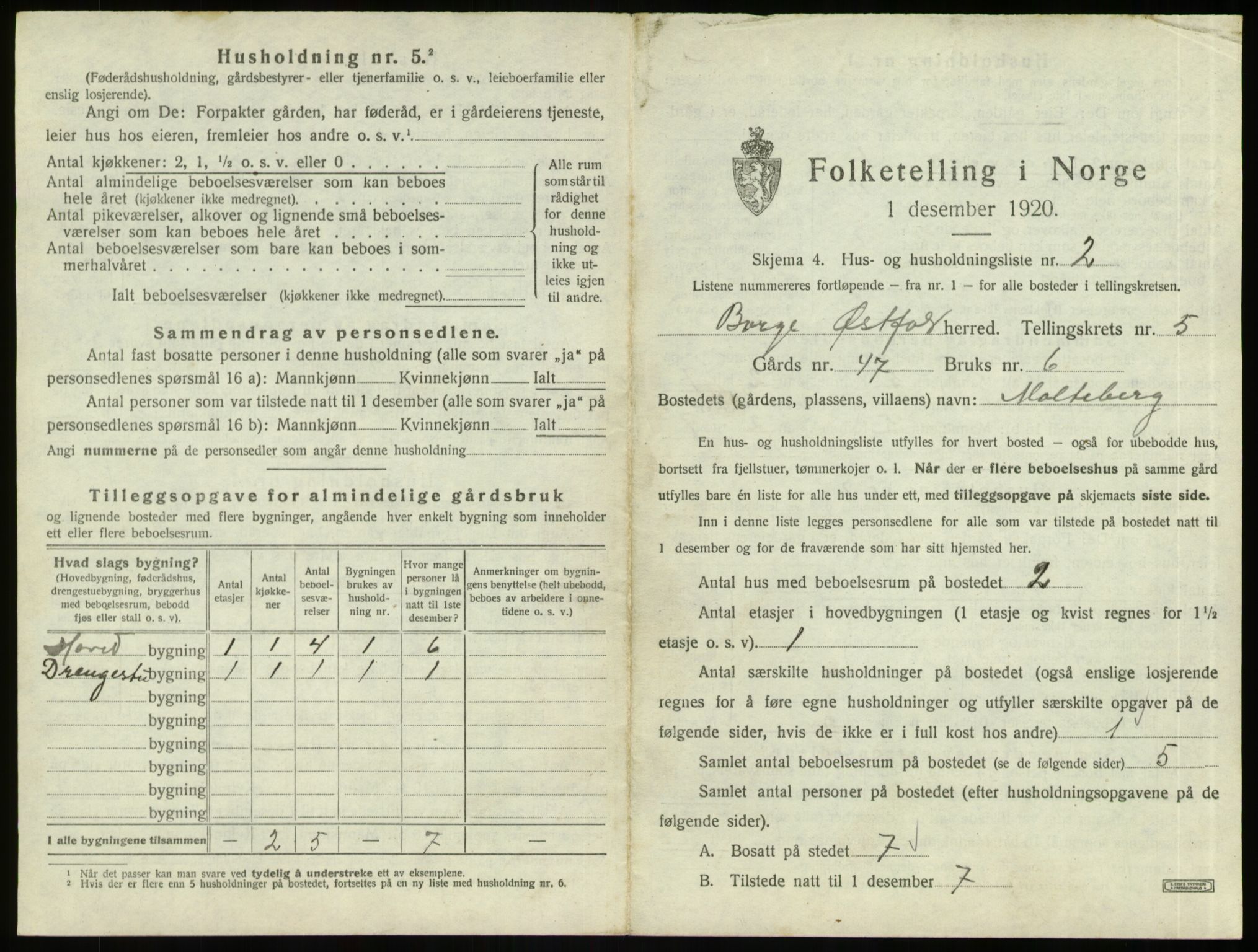 SAO, 1920 census for Borge, 1920, p. 1435