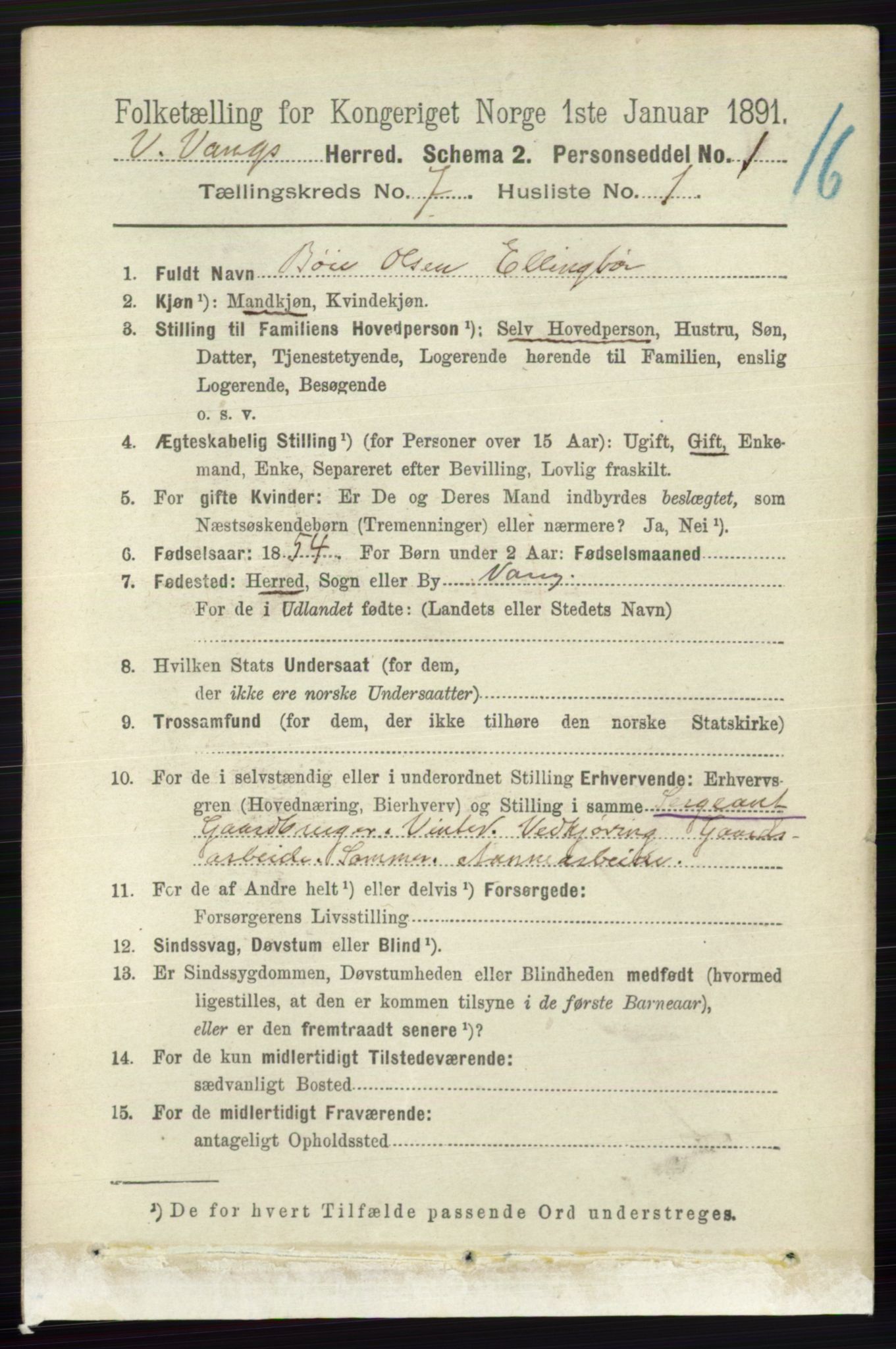 RA, 1891 census for 0545 Vang, 1891, p. 1417