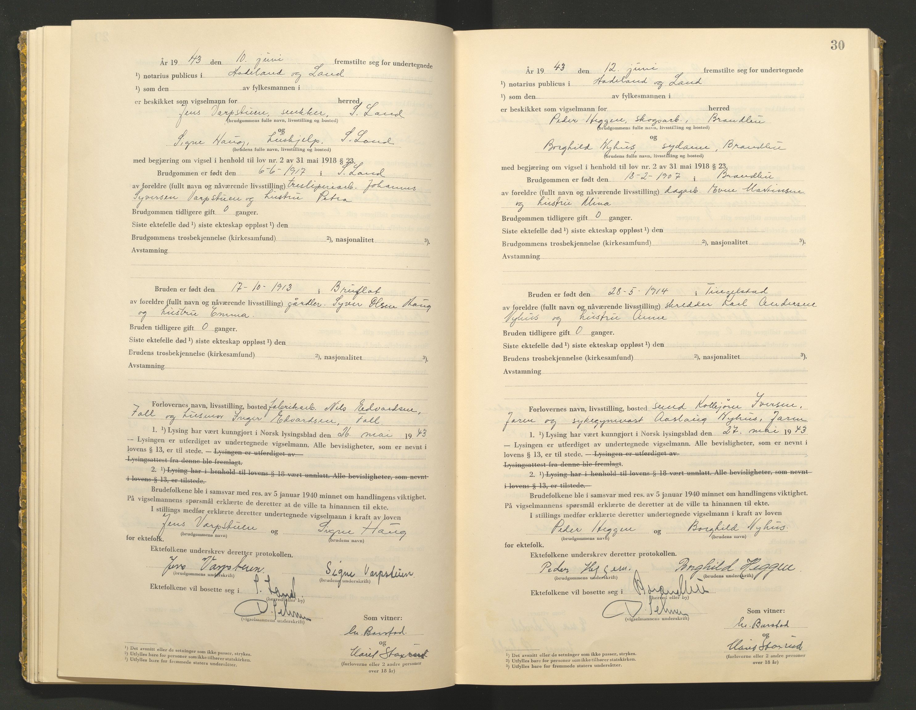 Hadeland og Land tingrett, AV/SAH-TING-010/L/Lb/L0002: Vigselbok, 1943-1944, p. 30