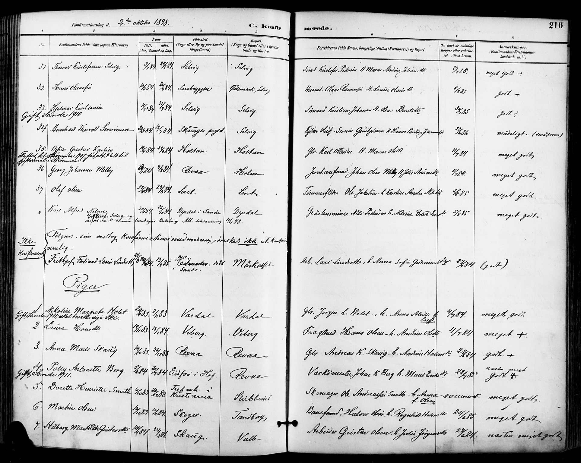 Sande Kirkebøker, AV/SAKO-A-53/F/Fa/L0007: Parish register (official) no. 7, 1888-1903, p. 216