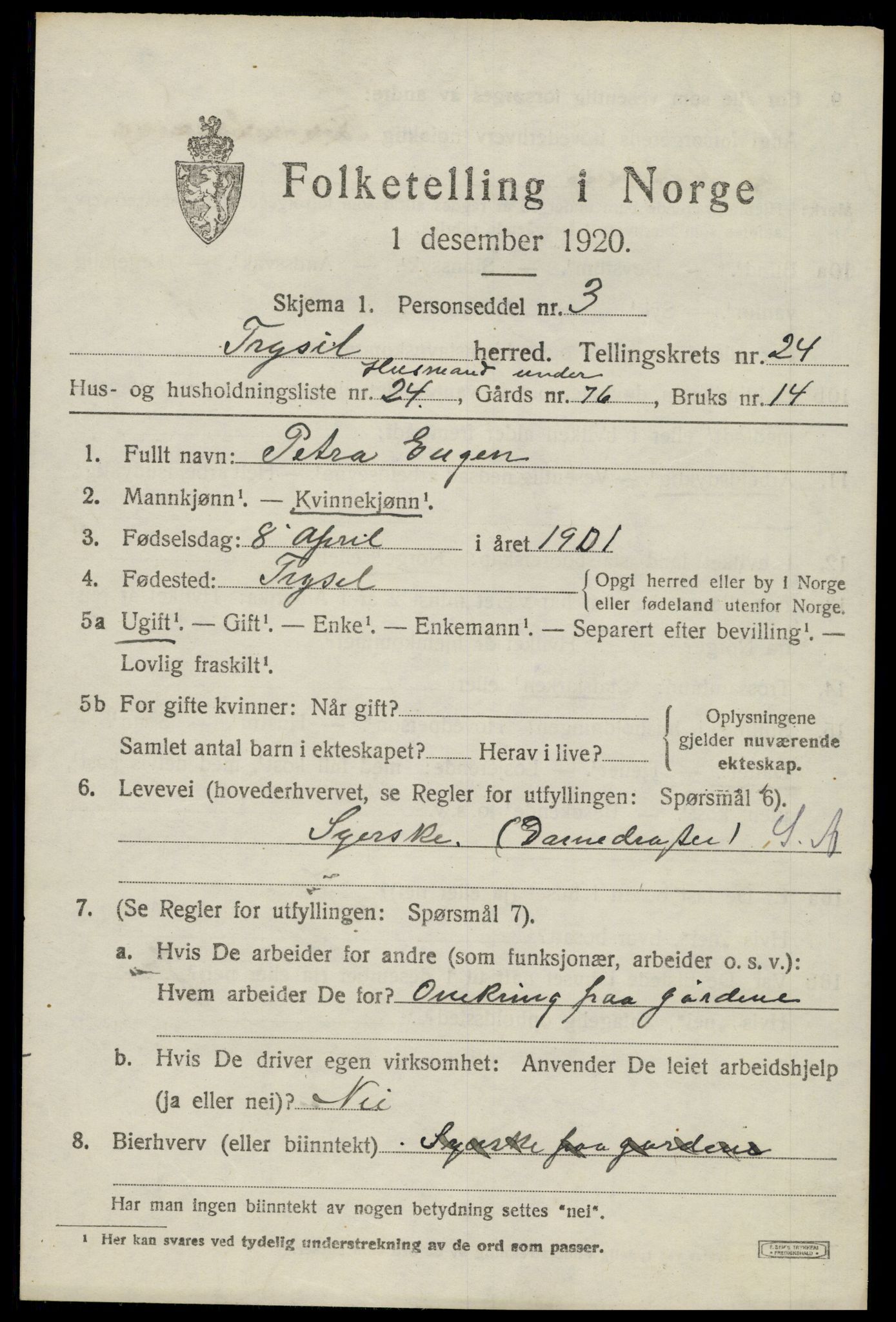 SAH, 1920 census for Trysil, 1920, p. 15507