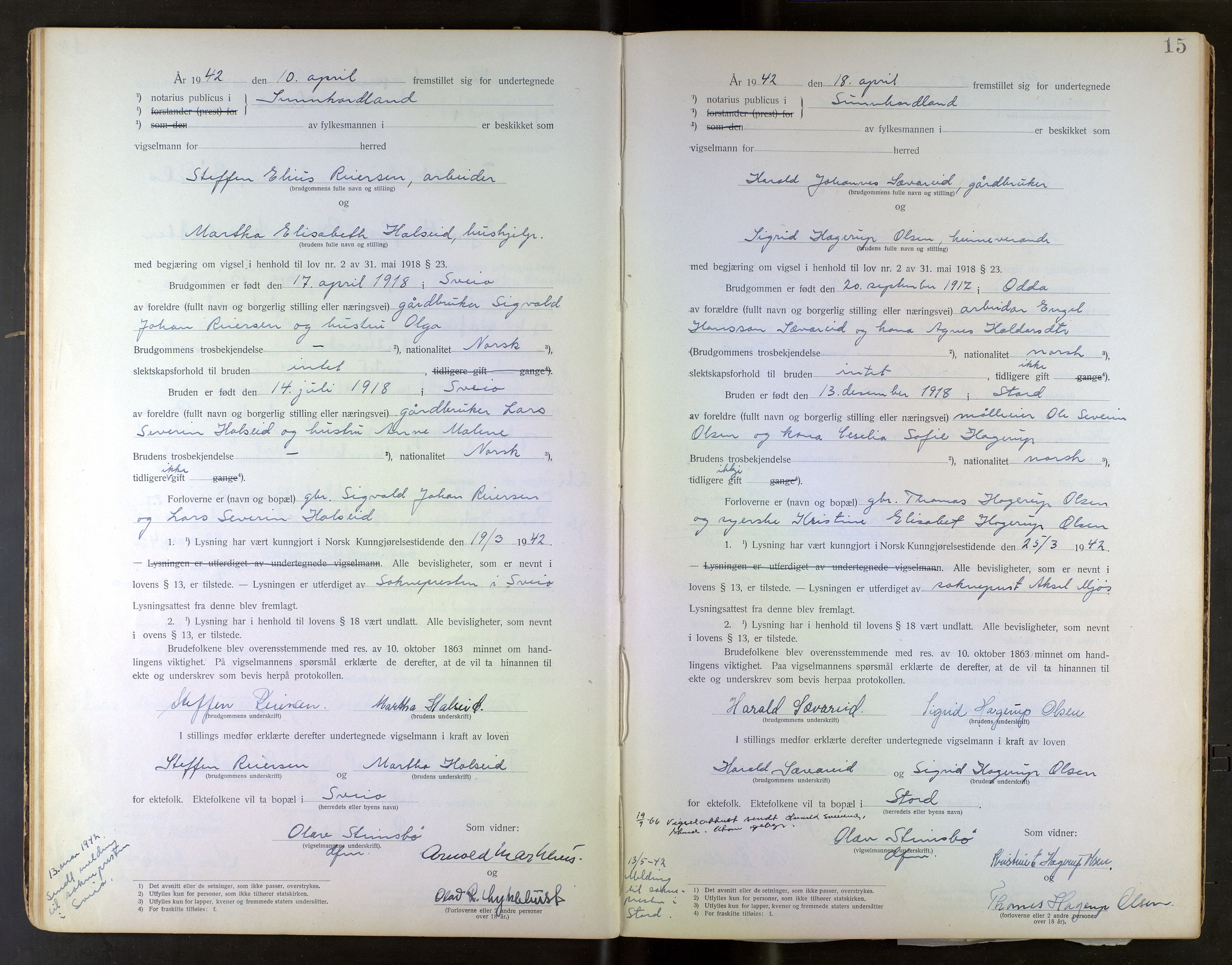 Sunnhordland sorenskrivar, AV/SAB-A-2401/2/I/Ia/L0001: Vigselsbok, 1925-1943, p. 14b-15a