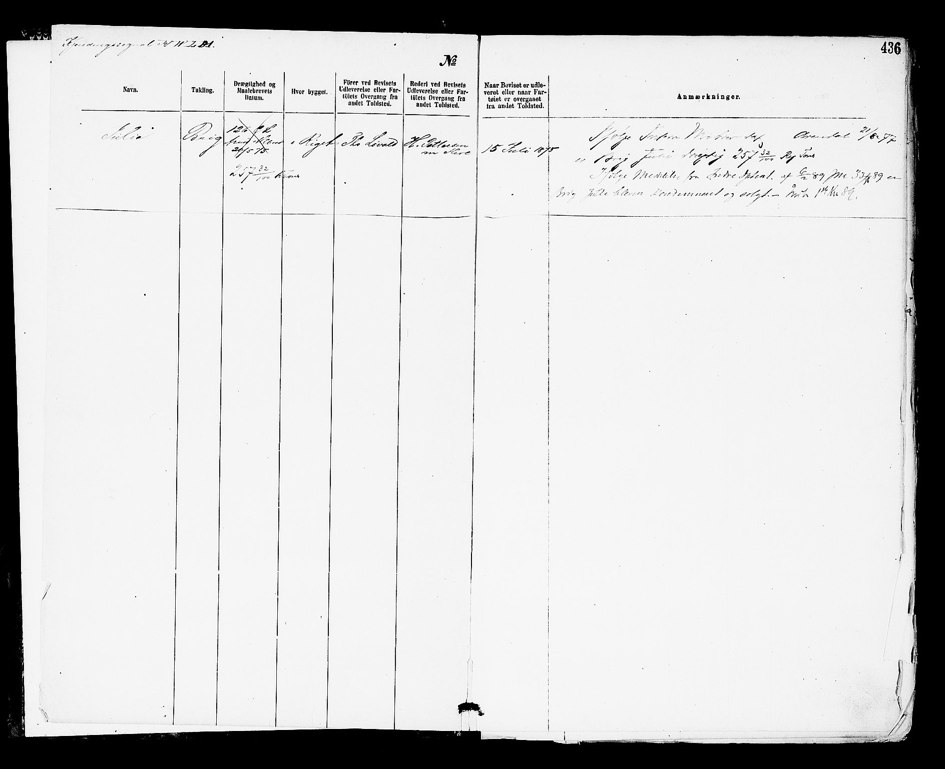 Arendal tollsted, SAK/1351-0003/H/Ha/L0643: Protokoll over utleverte nasjonalitetsbevis, 1875-1892, p. 436