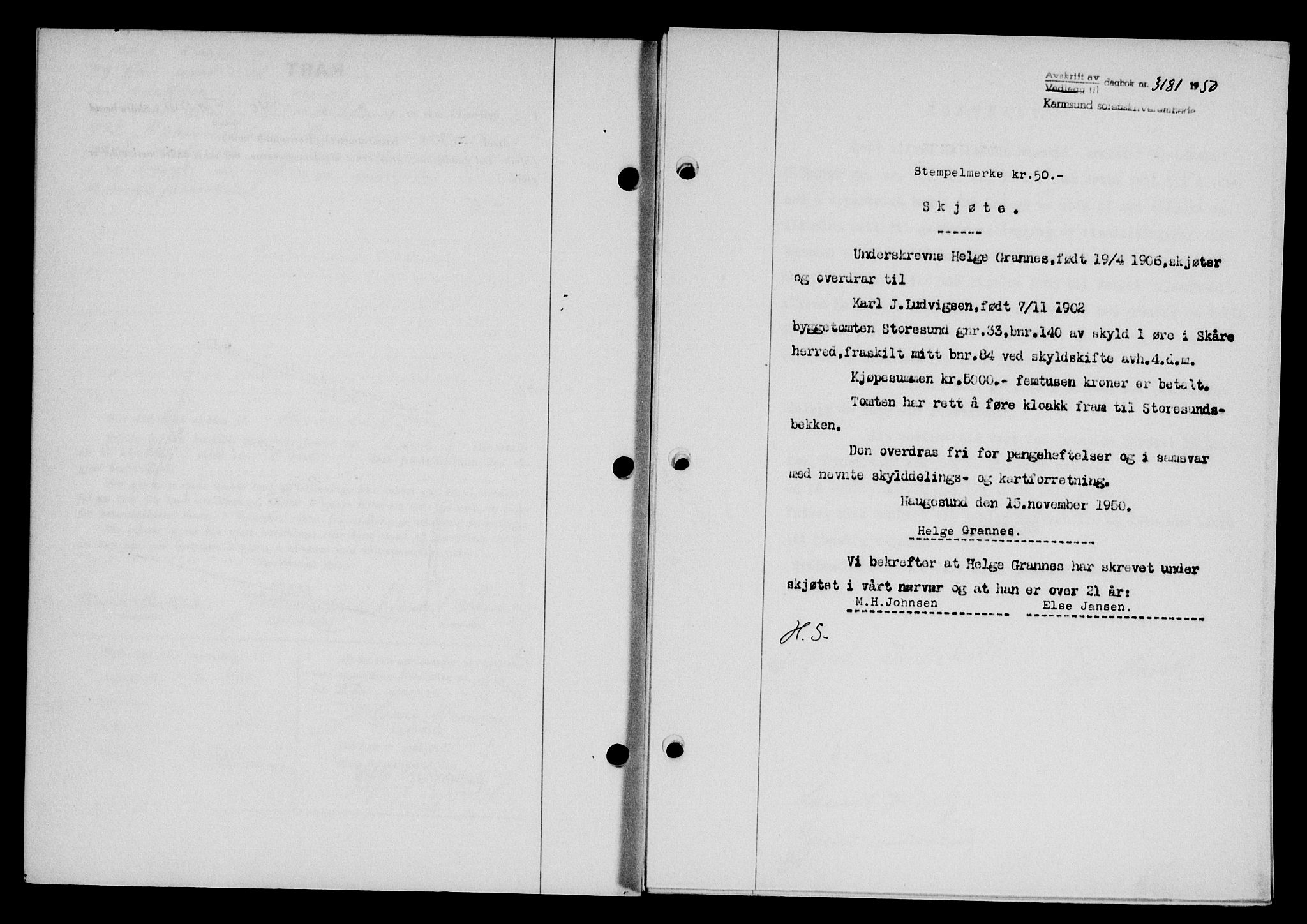 Karmsund sorenskriveri, SAST/A-100311/01/II/IIB/L0101: Mortgage book no. 81A, 1950-1951, Diary no: : 3181/1950