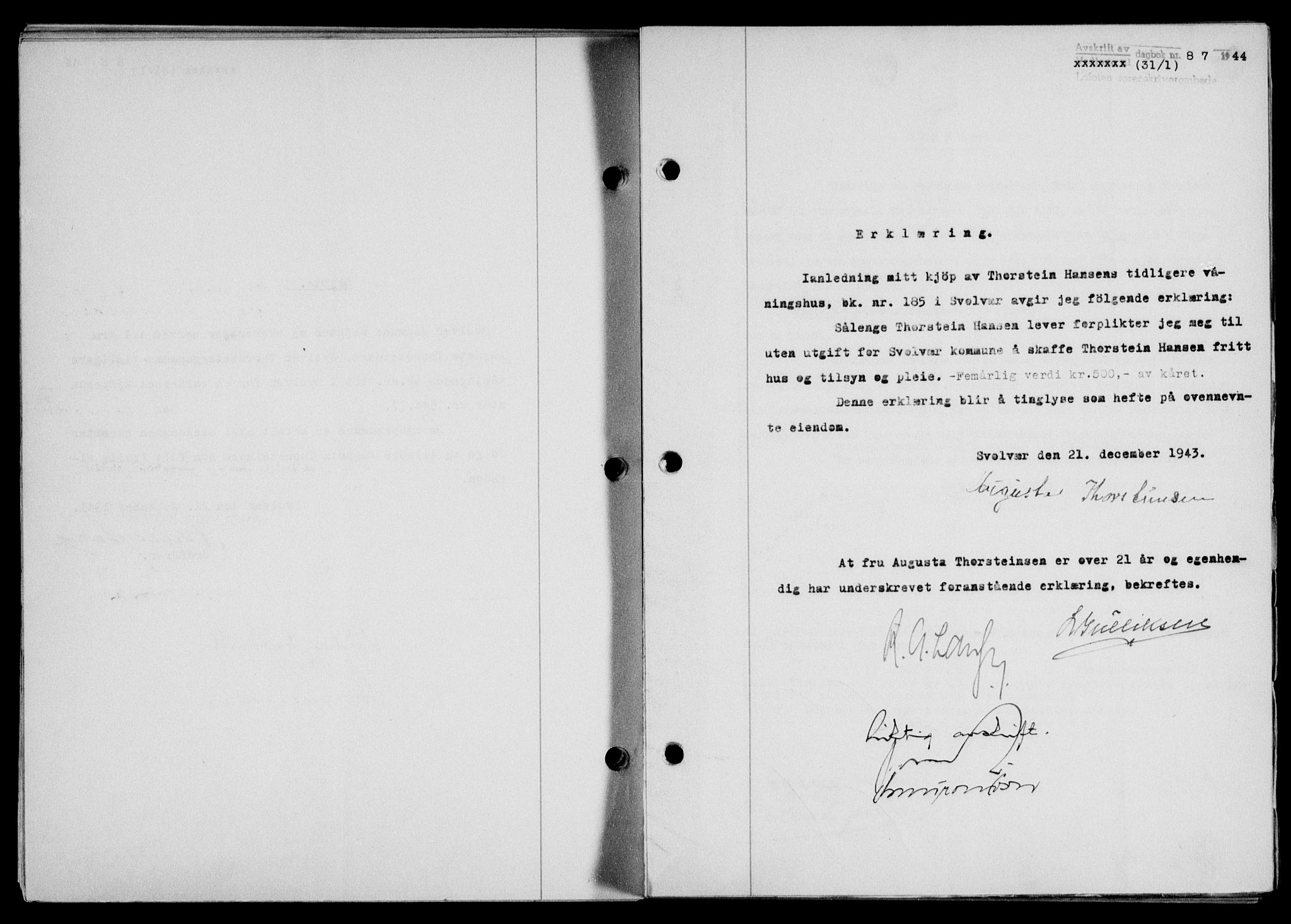 Lofoten sorenskriveri, SAT/A-0017/1/2/2C/L0012a: Mortgage book no. 12a, 1943-1944, Diary no: : 87/1944