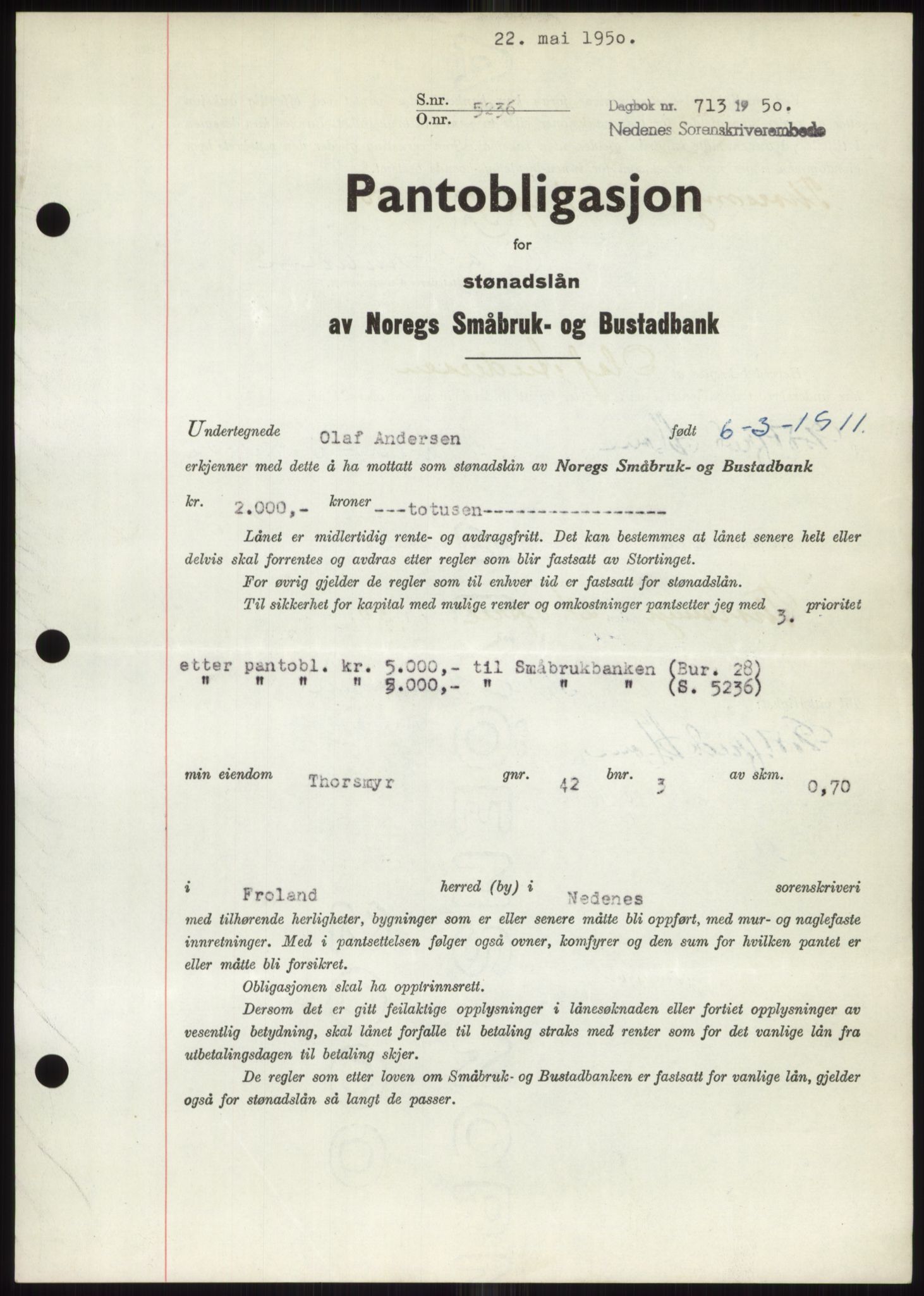 Nedenes sorenskriveri, SAK/1221-0006/G/Gb/Gbb/L0007: Mortgage book no. B7, 1949-1950, Diary no: : 713/1950
