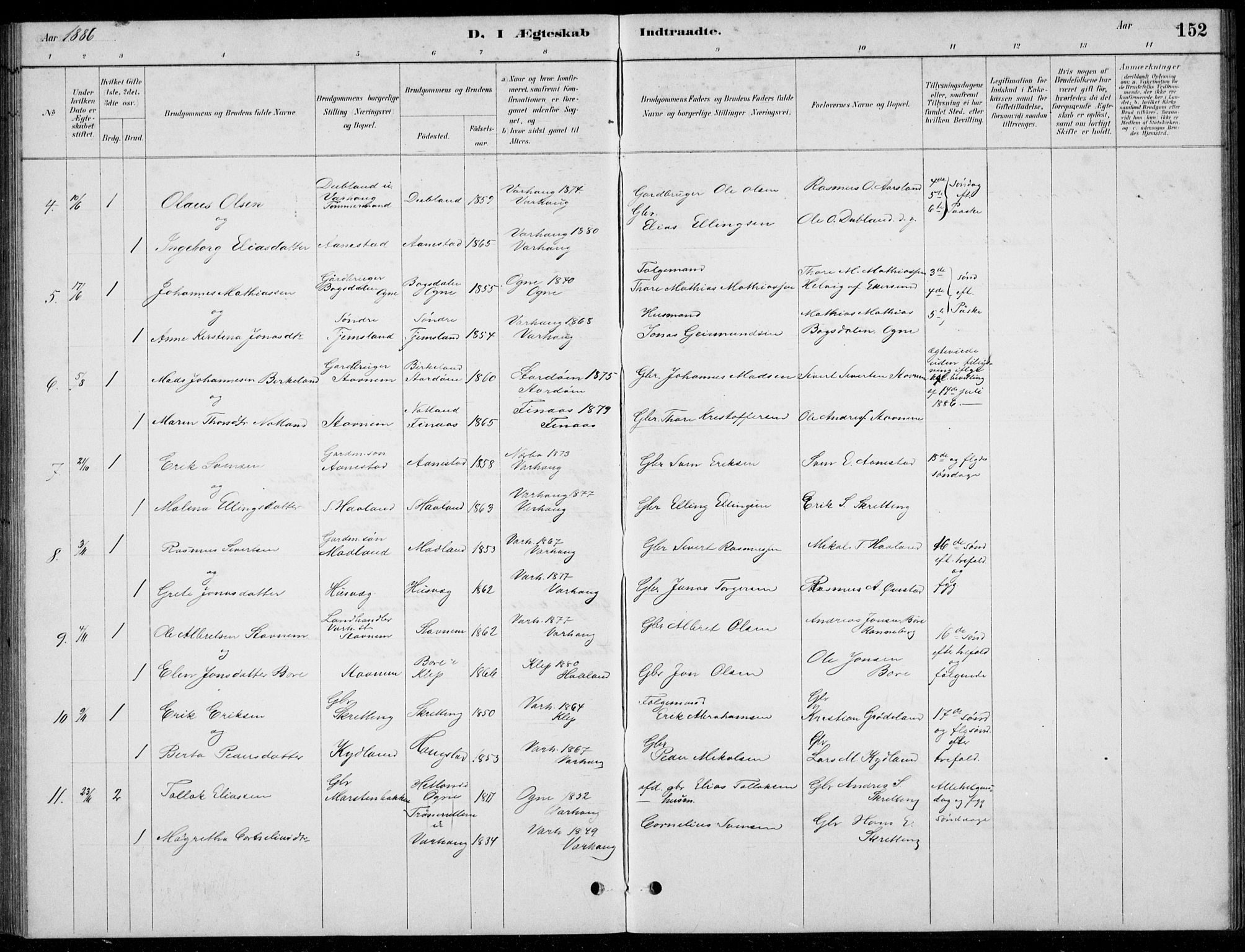 Hå sokneprestkontor, SAST/A-101801/001/30BB/L0004: Parish register (copy) no. B 4, 1883-1899, p. 152