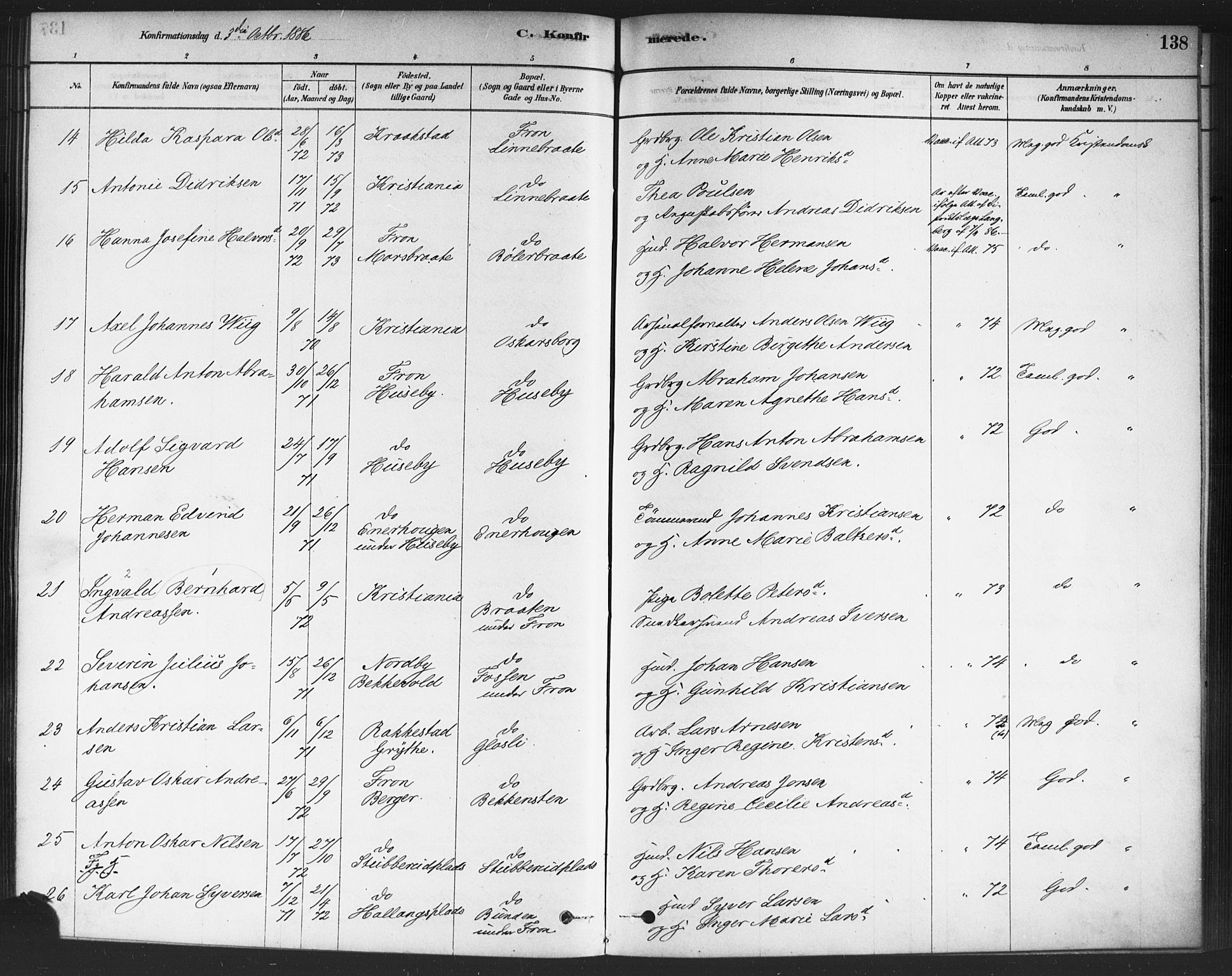 Drøbak prestekontor Kirkebøker, SAO/A-10142a/F/Fc/L0002: Parish register (official) no. III 2, 1878-1891, p. 138