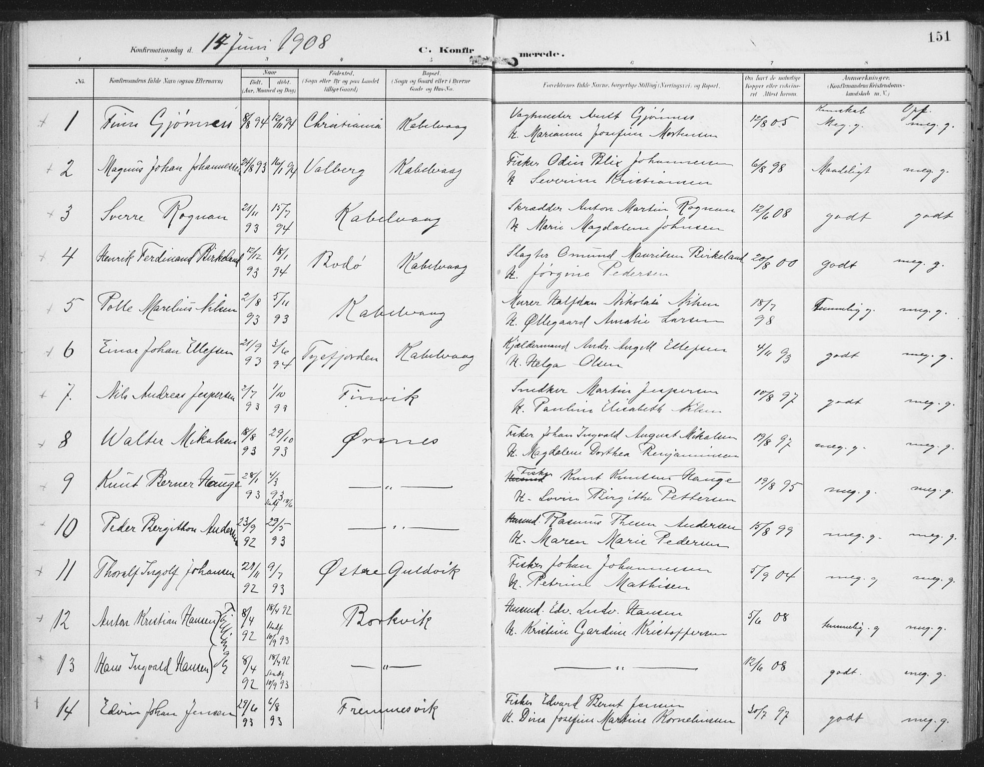 Ministerialprotokoller, klokkerbøker og fødselsregistre - Nordland, SAT/A-1459/874/L1063: Parish register (official) no. 874A07, 1907-1915, p. 151