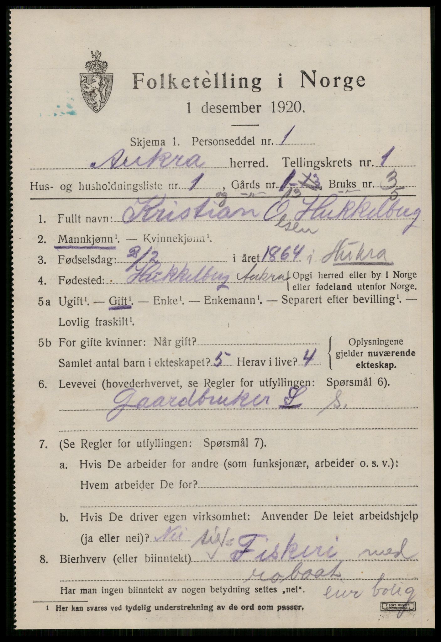 SAT, 1920 census for Aukra, 1920, p. 1005