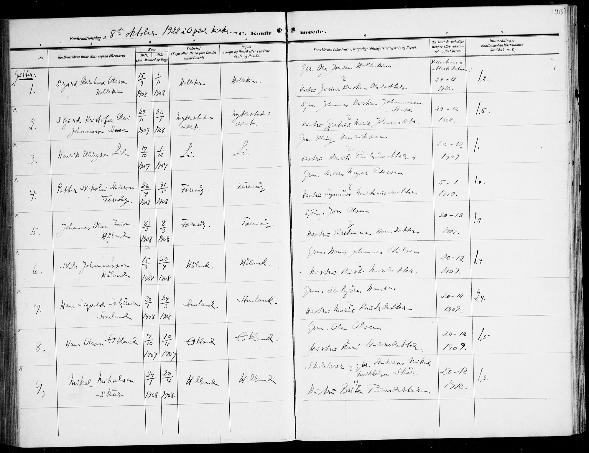 Tysnes sokneprestembete, AV/SAB-A-78601/H/Haa: Parish register (official) no. D 2, 1905-1922, p. 196