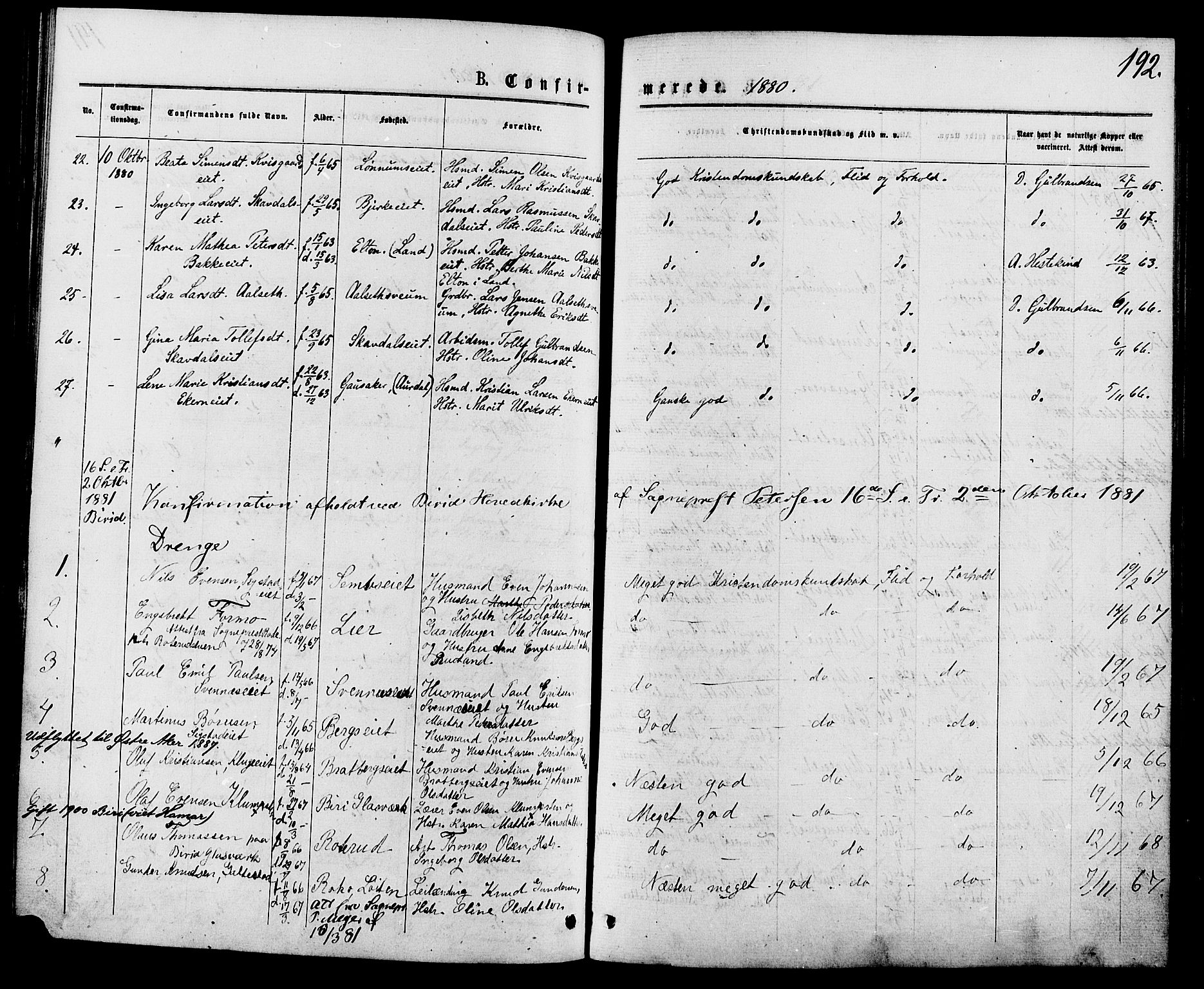 Biri prestekontor, AV/SAH-PREST-096/H/Ha/Haa/L0006: Parish register (official) no. 6, 1877-1886, p. 192