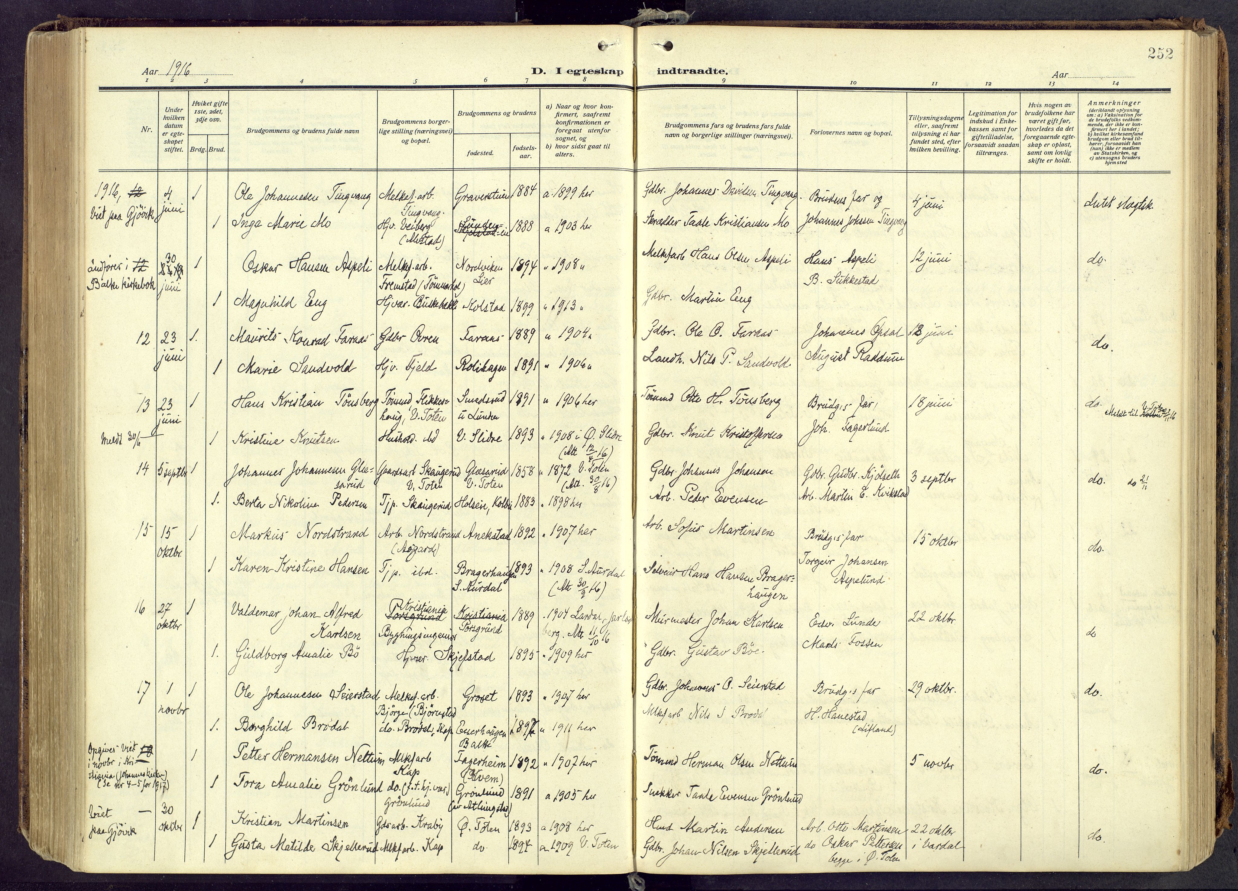 Østre Toten prestekontor, AV/SAH-PREST-104/H/Ha/Haa/L0010: Parish register (official) no. 10, 1910-1920, p. 252