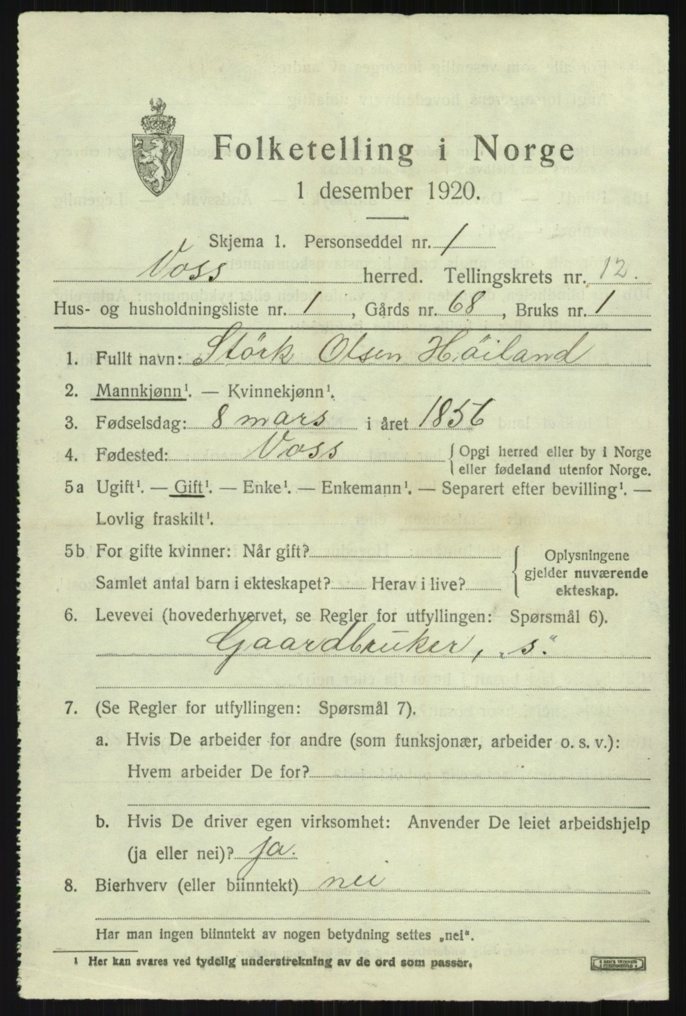 SAB, 1920 census for Voss, 1920, p. 10729