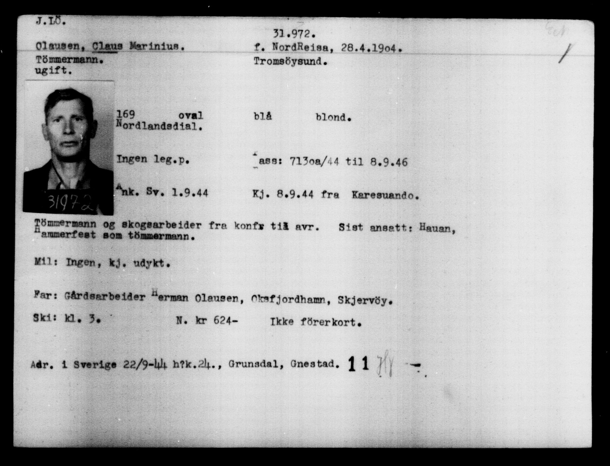 Utenriksstasjonene, Legasjonen i Stockholm, Flyktningkontoret, AV/RA-S-6753/V/Va/L0013: Kjesäterkartoteket, flyktninger med registreringsnr. 31500-34731, 1940-1945, p. 522